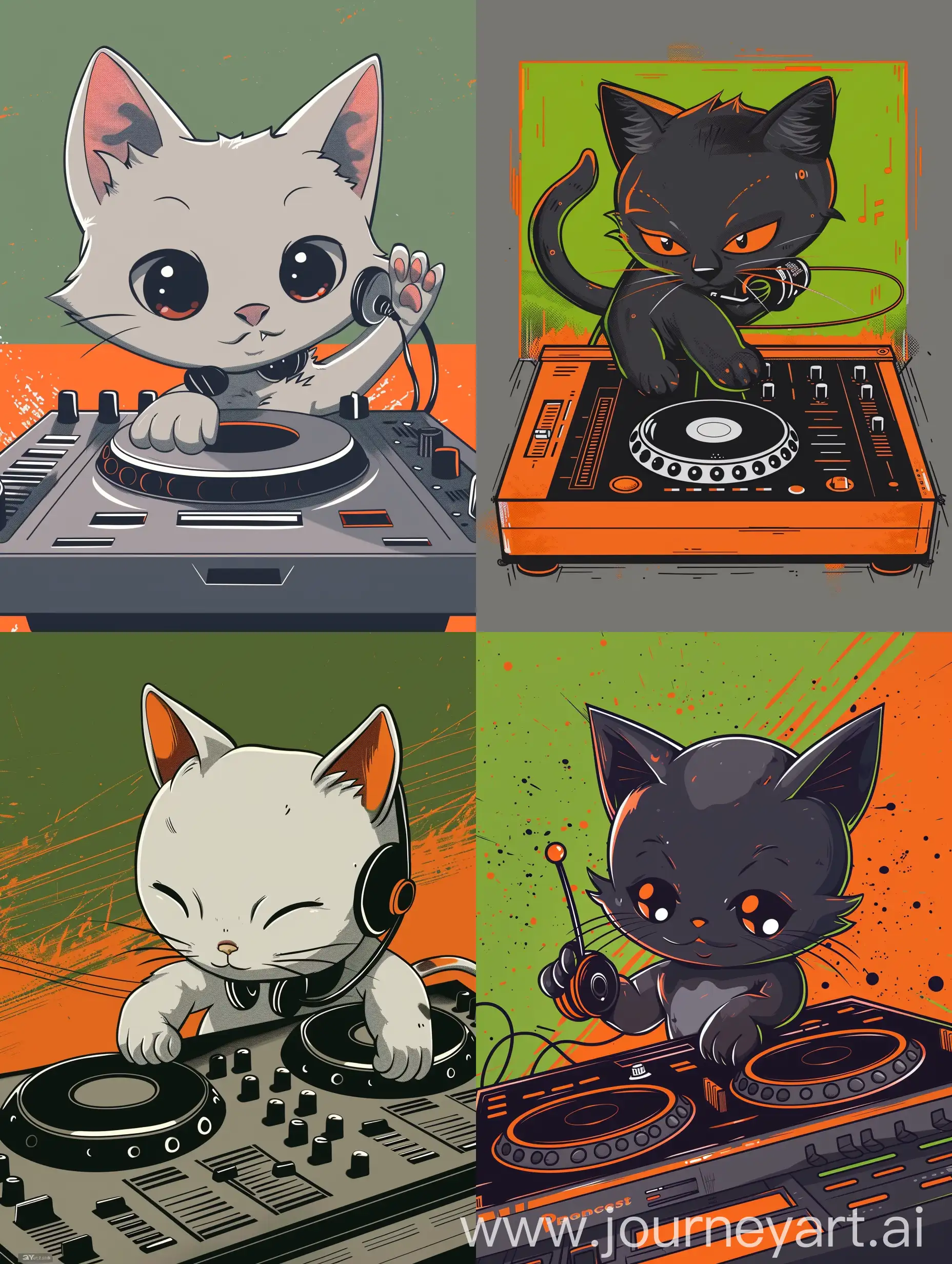 chibi anime cat, playing dj, with orange green grey solid background, strong lines