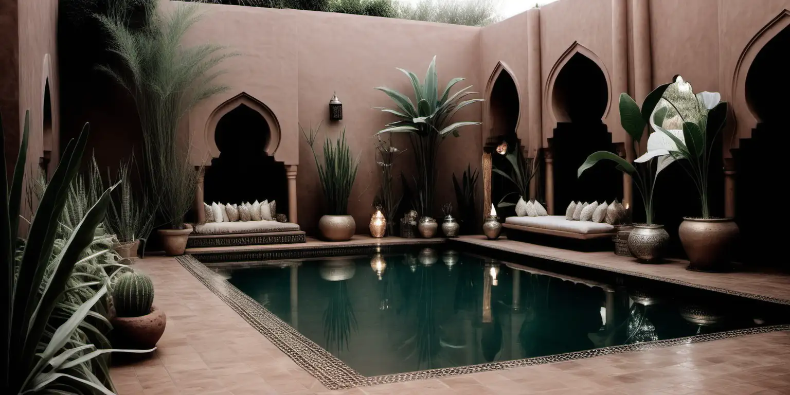 morrocan poolside oasis with lots of plants. the mood is mysterious, elegant, edgy, feminine, timeless and earthy.