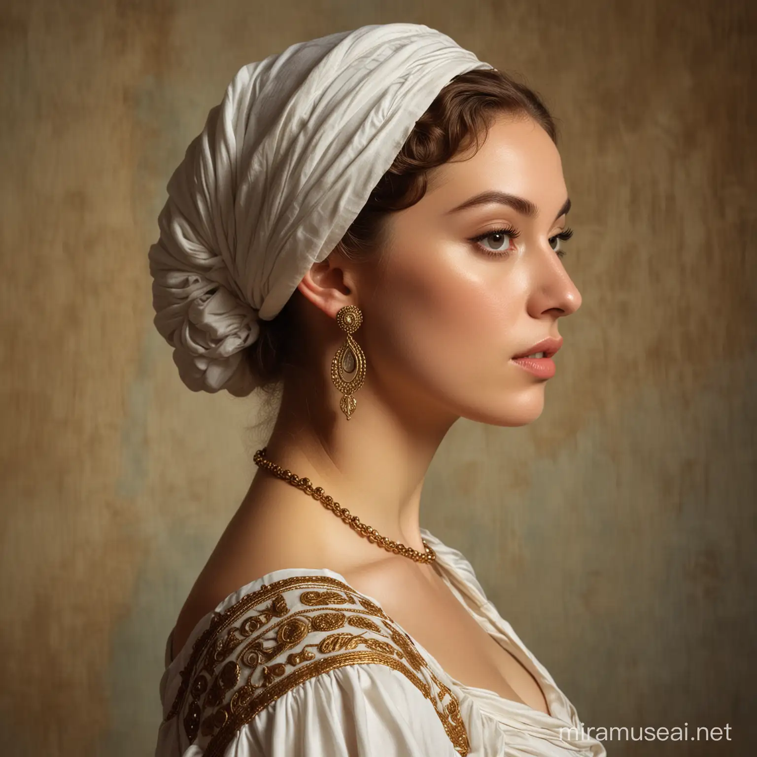 Greek mythology
portrait of beautiful young woman 
standing up left profile wearing ancient greek dress
inspired by jean dominique ingres the turkish bath
face like young Romy Schneider