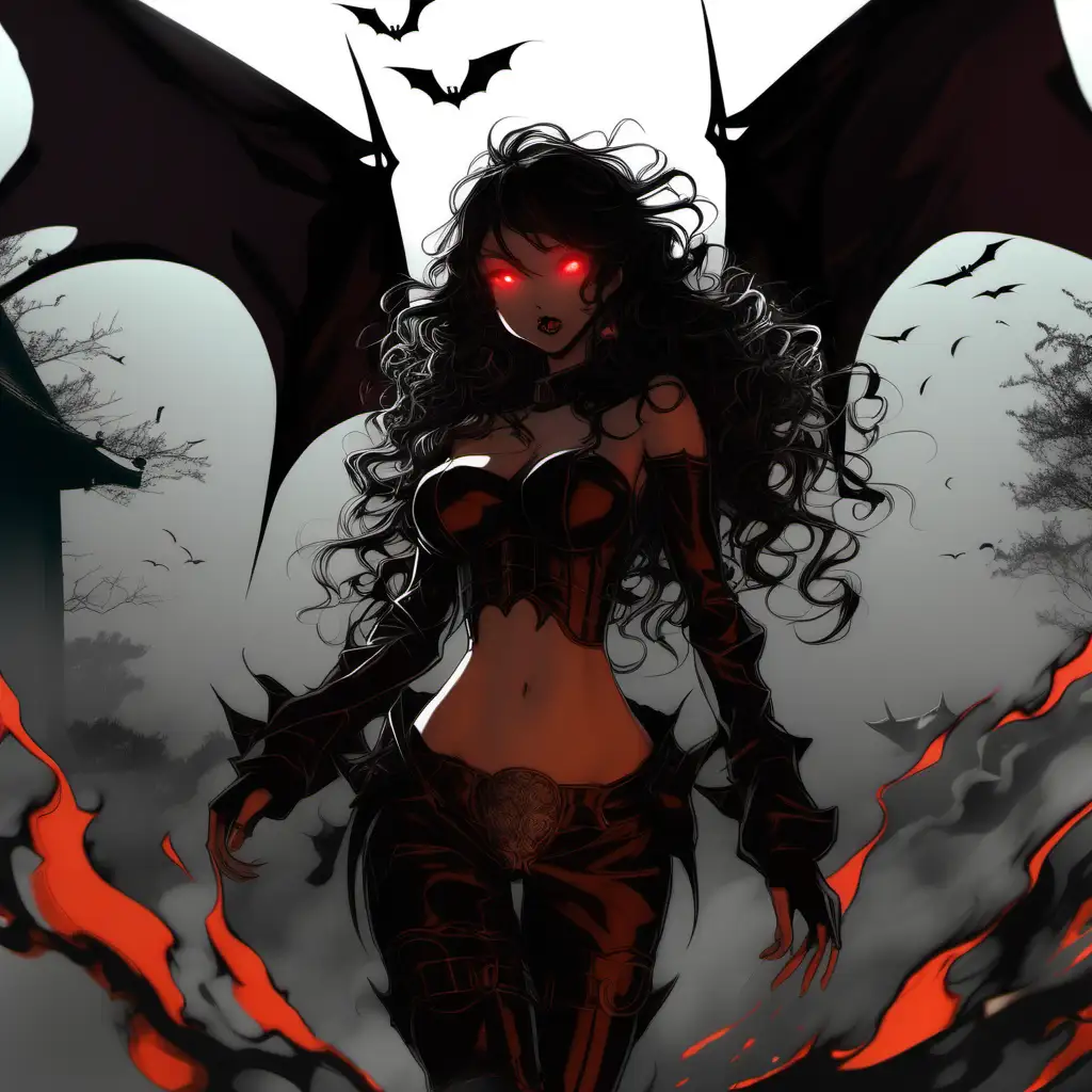 Anime Silhouette, lone woman, destruction, battlefield, scattered fire, brimstone, modest obsidian armor, anime, bat wings in flight, beautiful body, modest clothing, rage (mature, whole body, ethereal long black wild curly hair, brown skin, black lip, red eyes, full hips/thighs, and bewitching chest with medium breasts), extremely detailed, ultra-sharp focus, depth of field, perfect meshes and textures, highly accurate reflections, volumetric fog, volumetric lighting, face drawn by the masterful artist Paul Gauguin, thin and soft lines --ar 2:3 --niji 5
