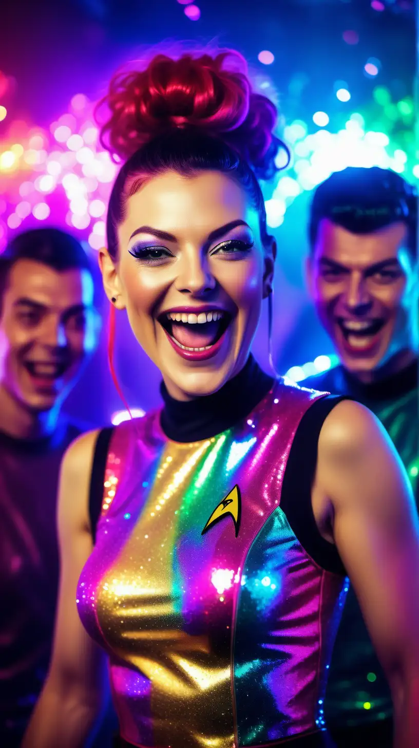 Party portrait of Seventh of Nine Startrek at a modern crazy party, laughing face, rainbow neon synthwave attire, sparkles and glitter in the environment, Bokeh quality, Blurred background, realistic --style raw --s 300 --ar 9:16 --v 6.0