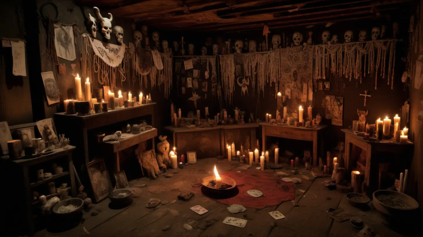 We are treated to a flurry of visuals that reveal a rustic room that is adorned with voodoo materials, including but not limited to burning candles, incense, small animal carcasses, bones, cards, coins, powders, and a multitude of symbols drawn in chalk, paint, and blood. 