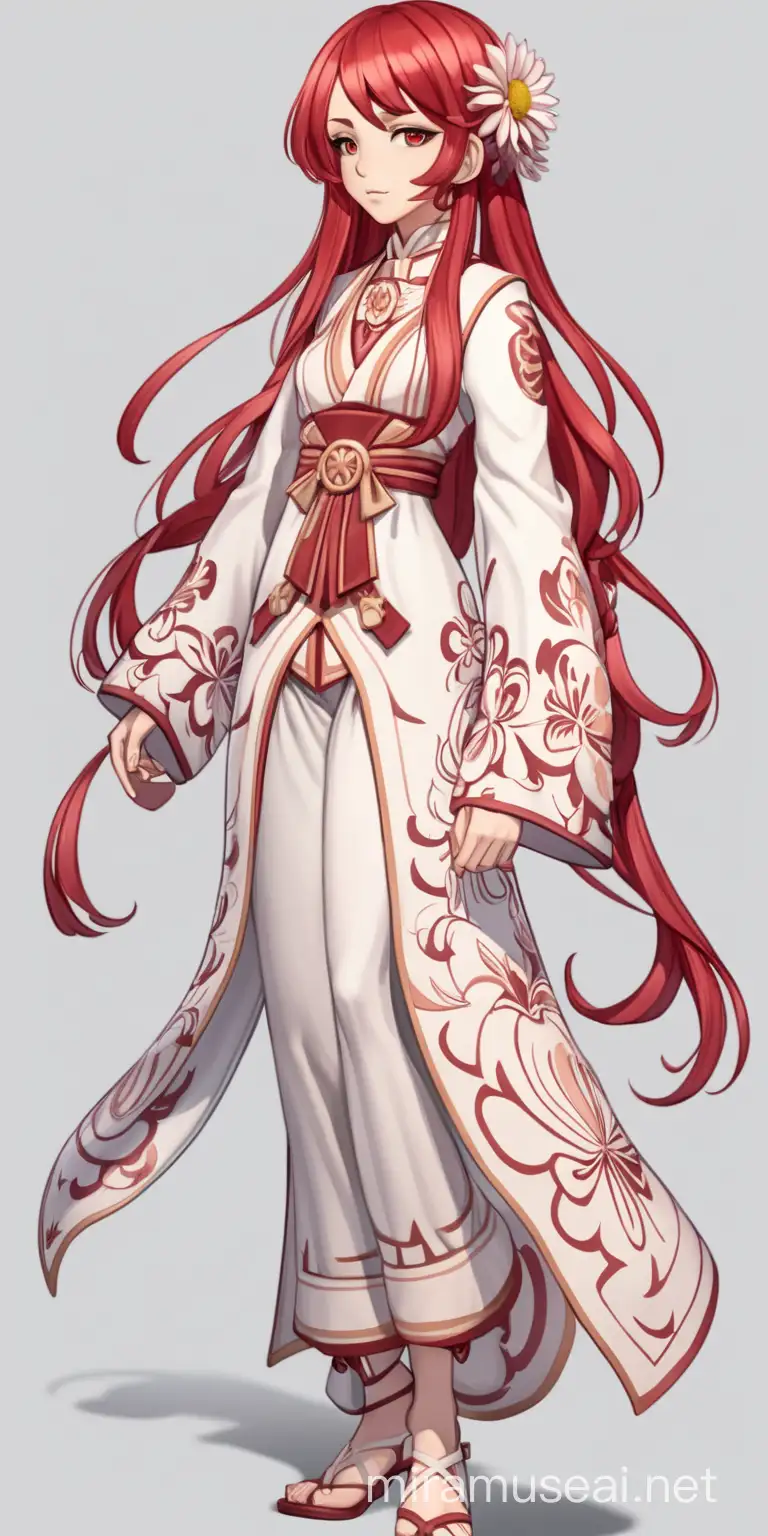 Character design for a female game character based on anime style. Spirit of a Mayford Chrysanthemum  spirit turned human. Red hair. Full body picture.