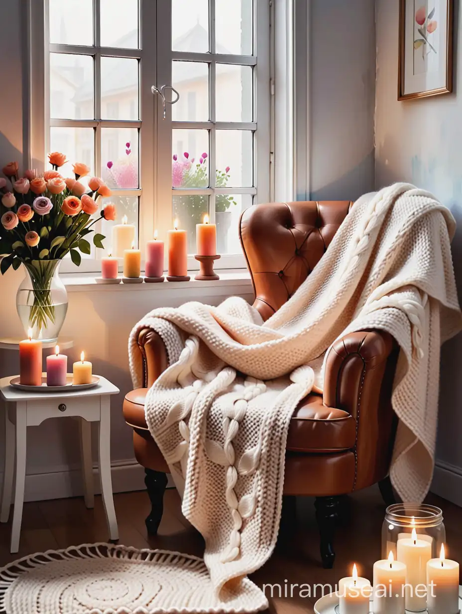 Cozy Interior Scene with Knitted Blanket Armchair and Candlelight