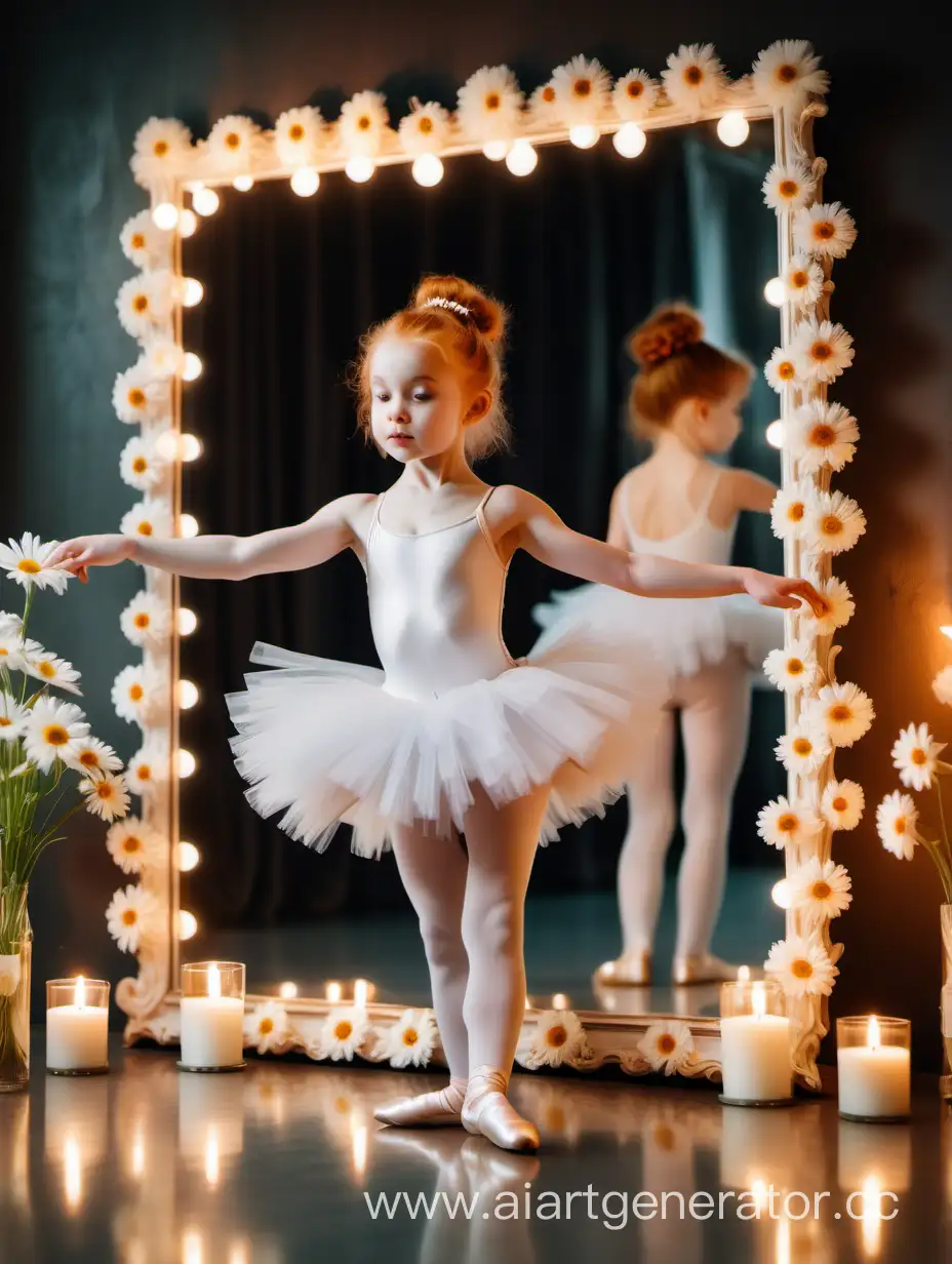 Маленькая балерина танцует на ромашке на фоне зеркал и свечей. У балерины белая пышная пачка, волосы рыжие и собраны в пучок . Красиво, эстетика, счастье, музыка и вдохновение 