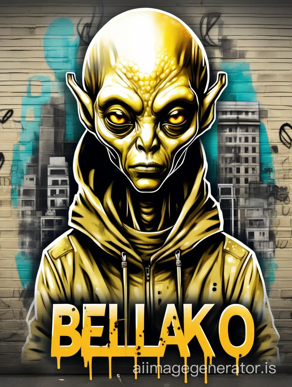 Draw an alien with honey-colored eyes dressed in soft-colored urban clothing. Add some special effects. Write the word "Bellako" underneath with graffiti letters in RGB color. Let it be a high-resolution realistic photo.