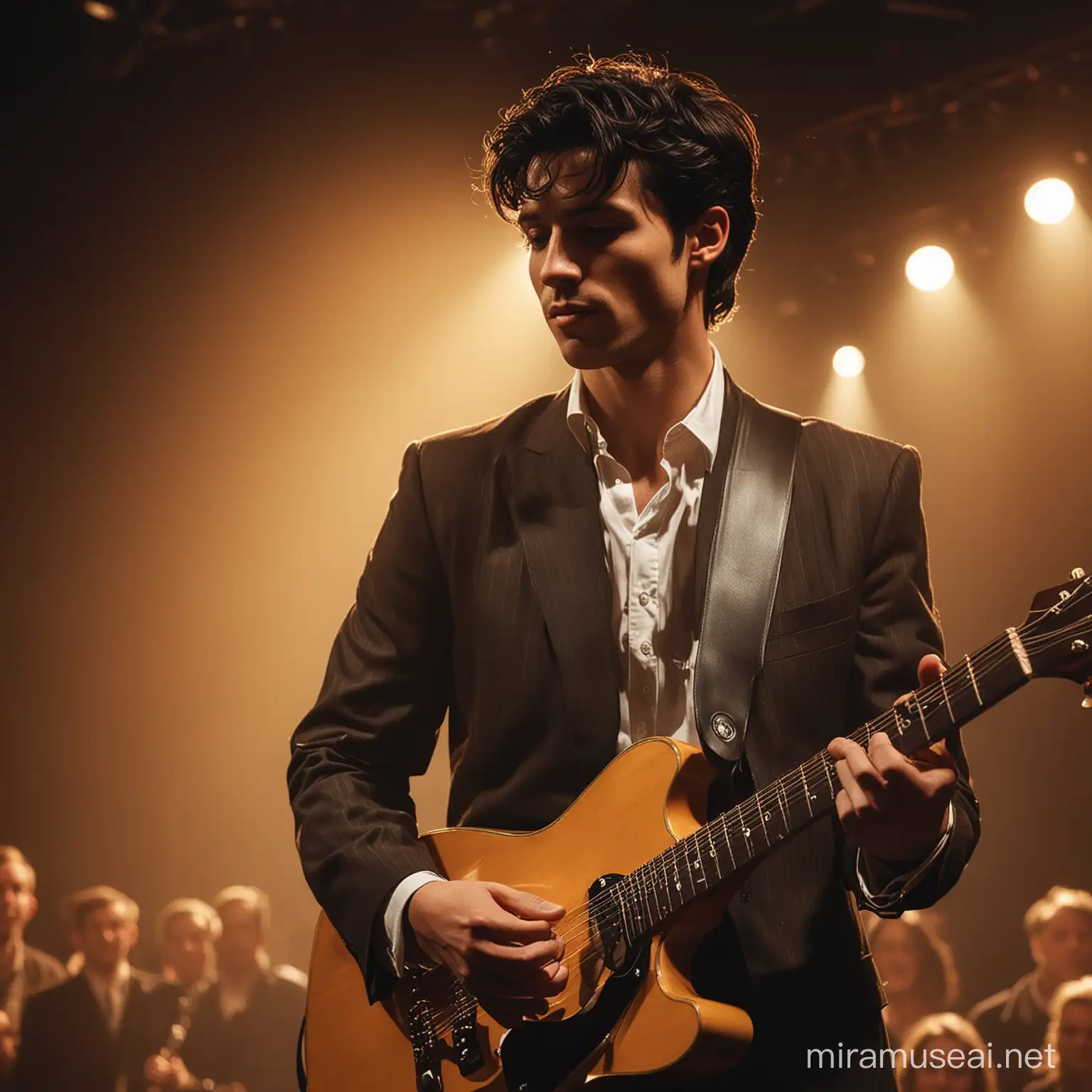 /imagine prompt: A high-quality male of European descent, performing on stage, black hair, focused expression, holding a classic guitar, in the spotlight with a blurred cheering crowd in the background. Dramatic stage lighting with warm amber tones highlighting the artist, moody and evocative --ar 16:9 --v 6.0
