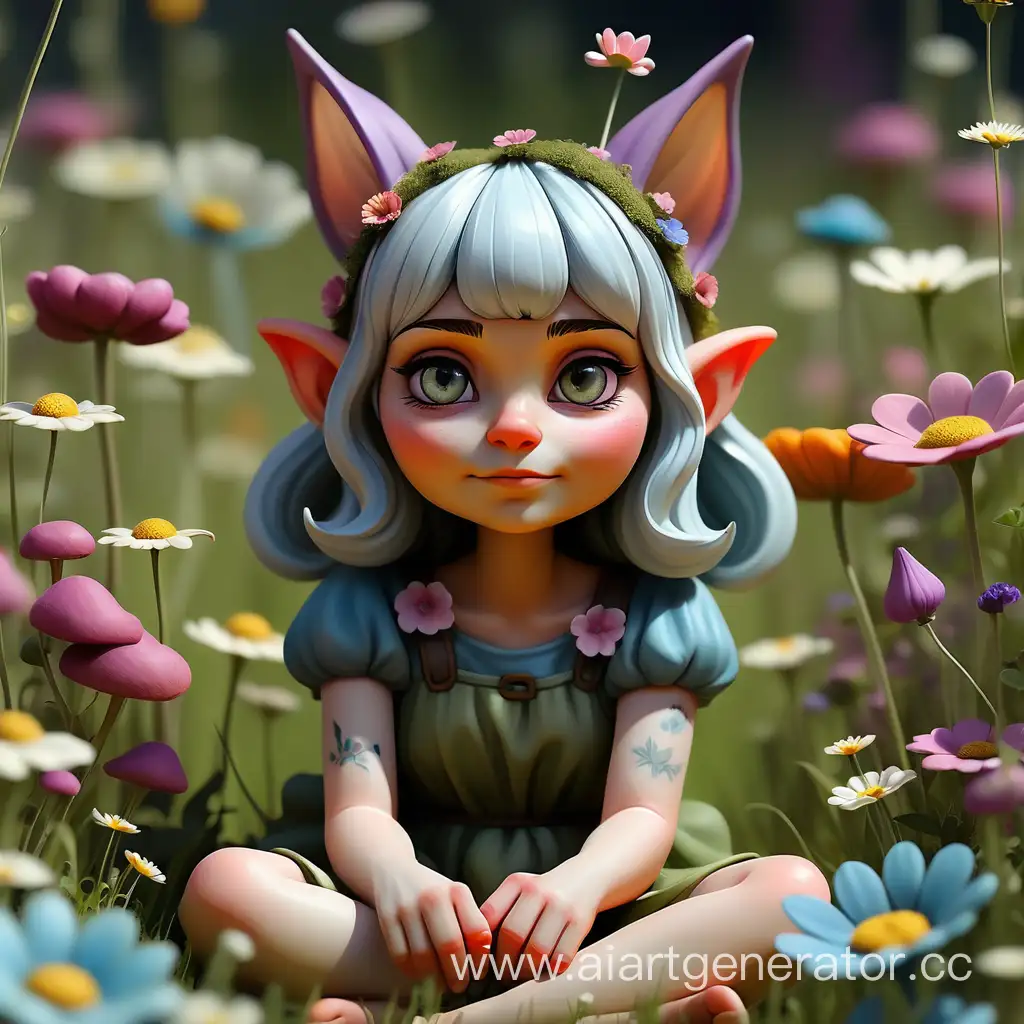 Fairy portrait of a person sitting on a flowery meadow - a gnome with cat ears