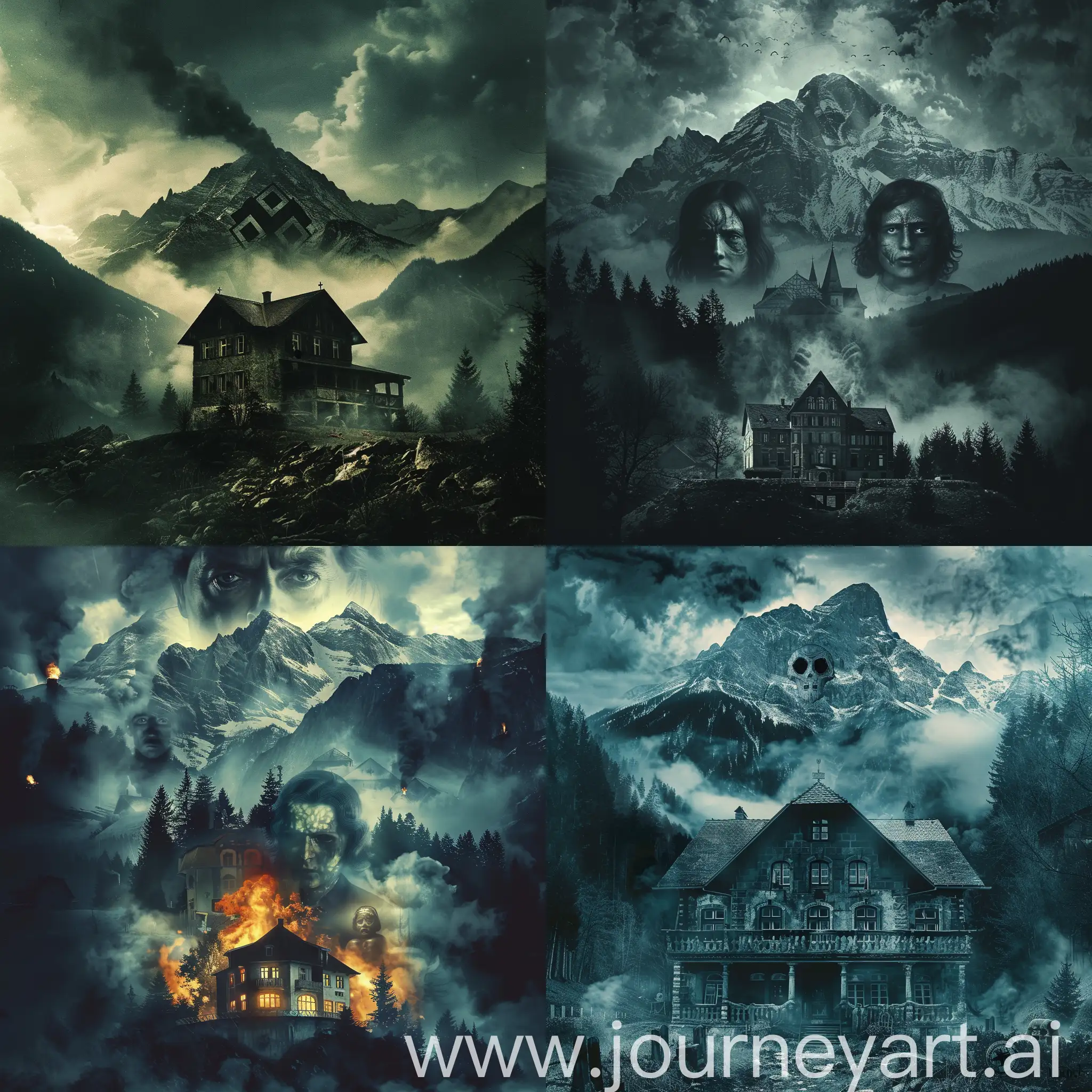 Horror movie poster during World War II, house in the Alps ritual murders, faceless family, experiments of the Third Reich, darkness, mountains