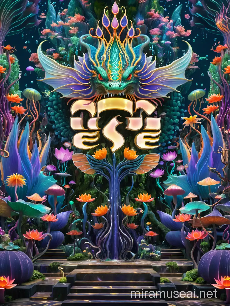 Psychedelic visionary forest world 3d hyper detailed underwater scenes flying  angry lady wings lotus jelly fish snake, flower tress , dragon wings 