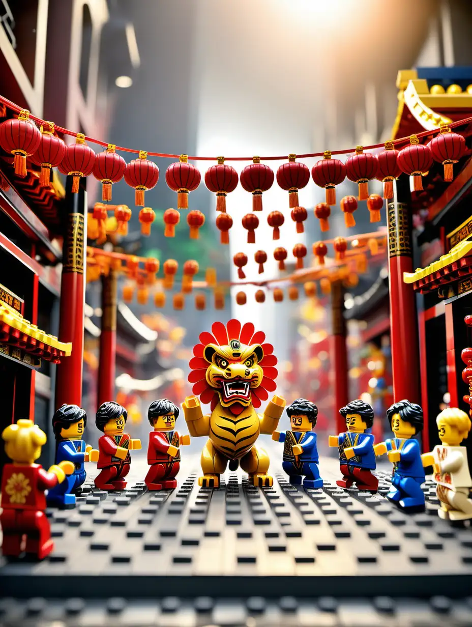 (cinematic lighting),Envision a lively scene with LEGO mini figures joyfully engaging in a vibrant lion dance. Picture the intricate LEGO lions, adorned with colorful bricks, parading through a festive LEGO street. Mini figures dressed in festive attire surround the lions, playing traditional instruments and enthusiastically participating in the celebration.

The LEGO lions, crafted with dynamic poses, capture the essence of the lively dance, and the surrounding scene is filled with a burst of color and energy. Illustrate the joy and camaraderie among the mini figures as they come together to celebrate the festive occasion through this charming and animated LEGO lion dance scene, intricate details, hyper realistic photography,--v 5, unreal engine,
