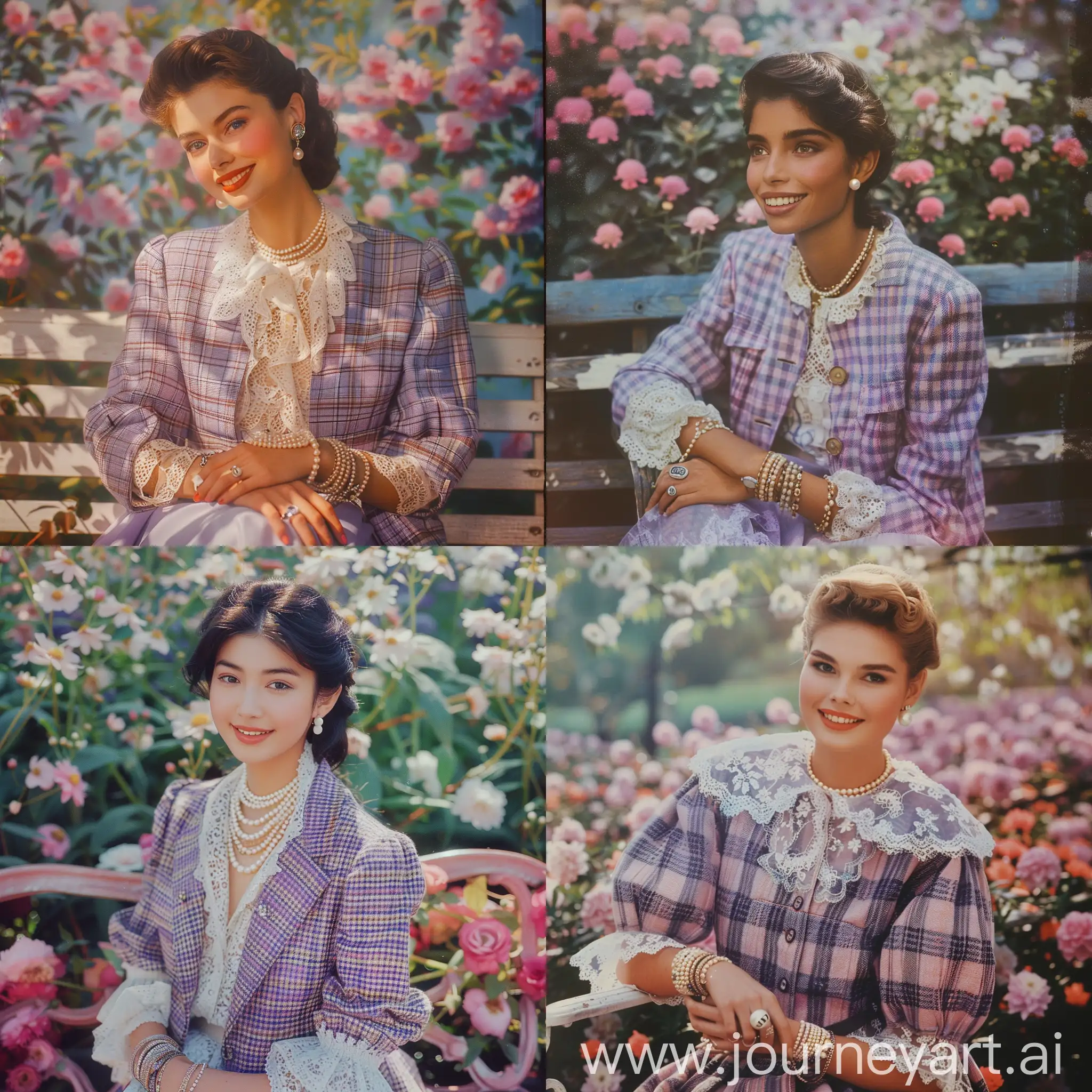 Elegant-Chanel-Tweed-Jacket-Fashion-Portrait-with-Floral-Bench-Background