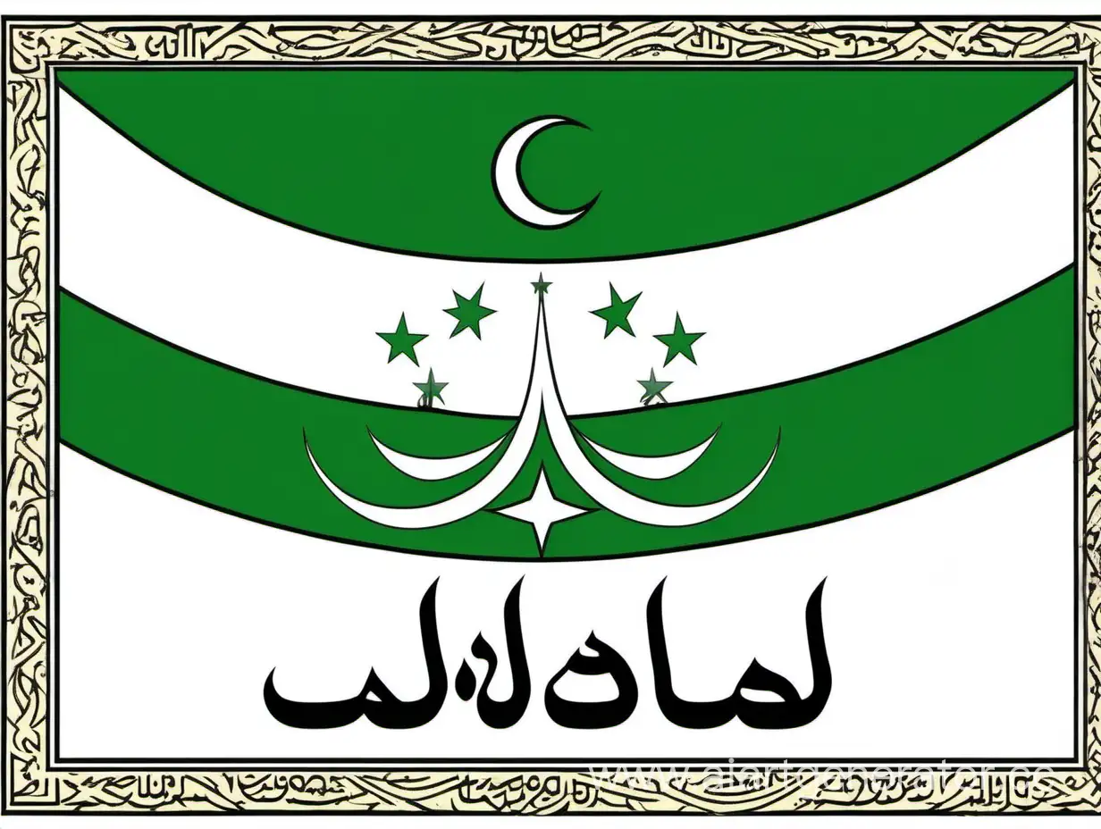 Флаг Арабкой империи прямоугольный триколор снизу белый по середине зелёный сверху чёрный а в центре исламский полумесяц и надпись Арабия будет с тобой на арабском