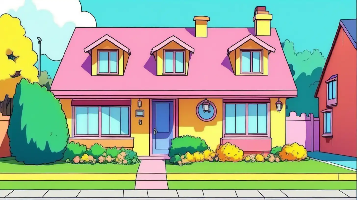 In cartoon anime style, a colorful house in a small suburban neighborhood, Similar to The Simpsons