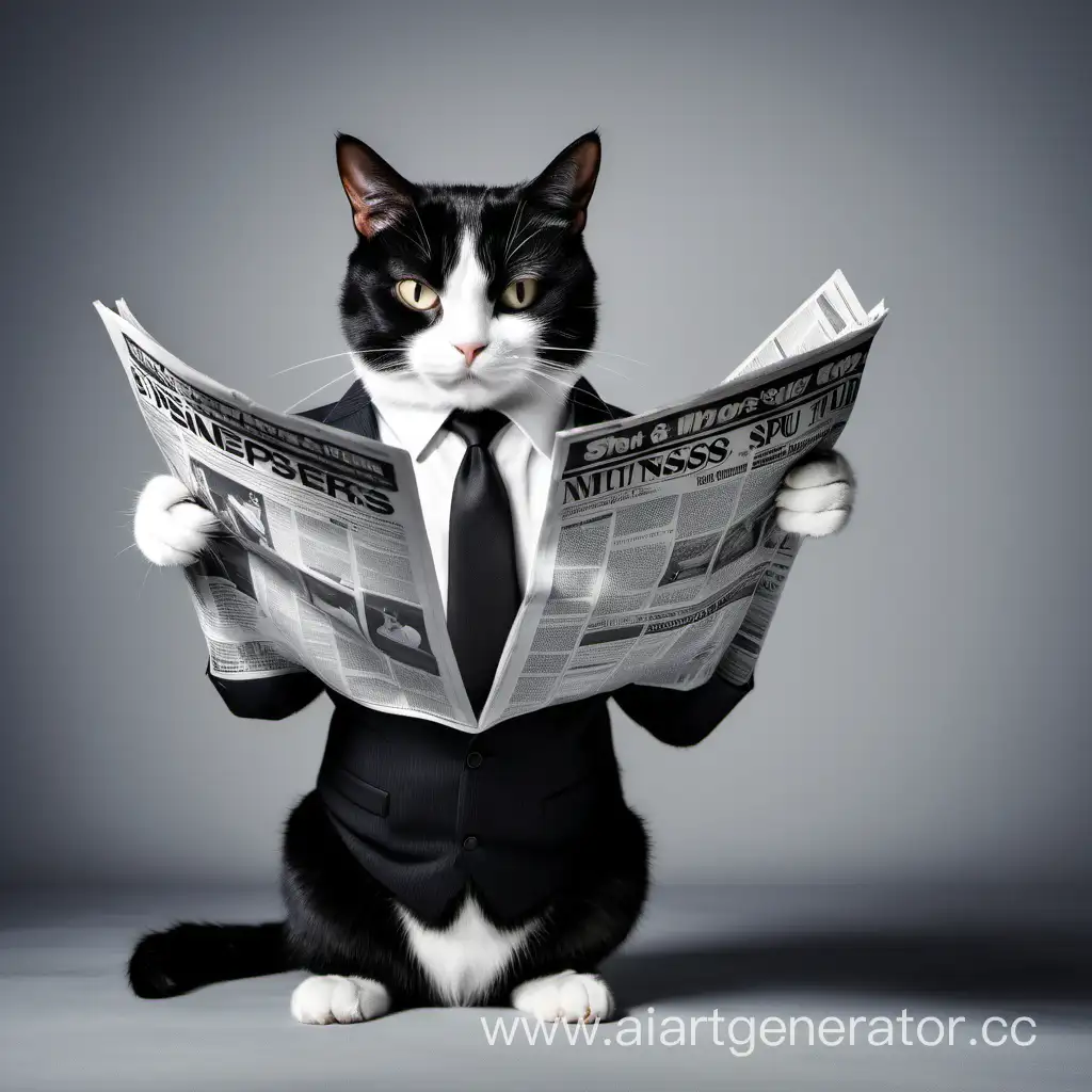 A BLACK-AND-WHITE CAT IN A BUSINESS SUIT READING A NEWSPAPER