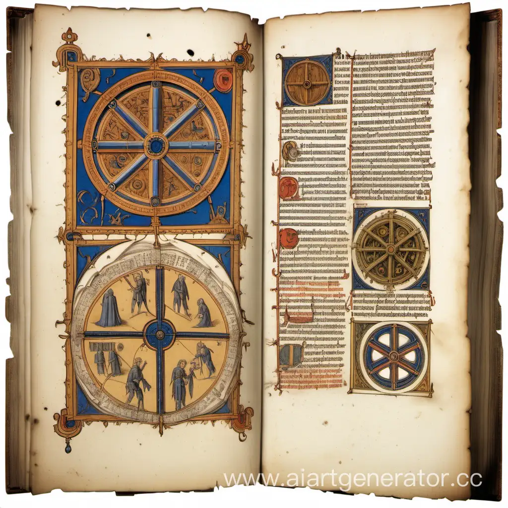Текст позднего средневековья в потрепанной книге с различными иллюстрациями механизмов
