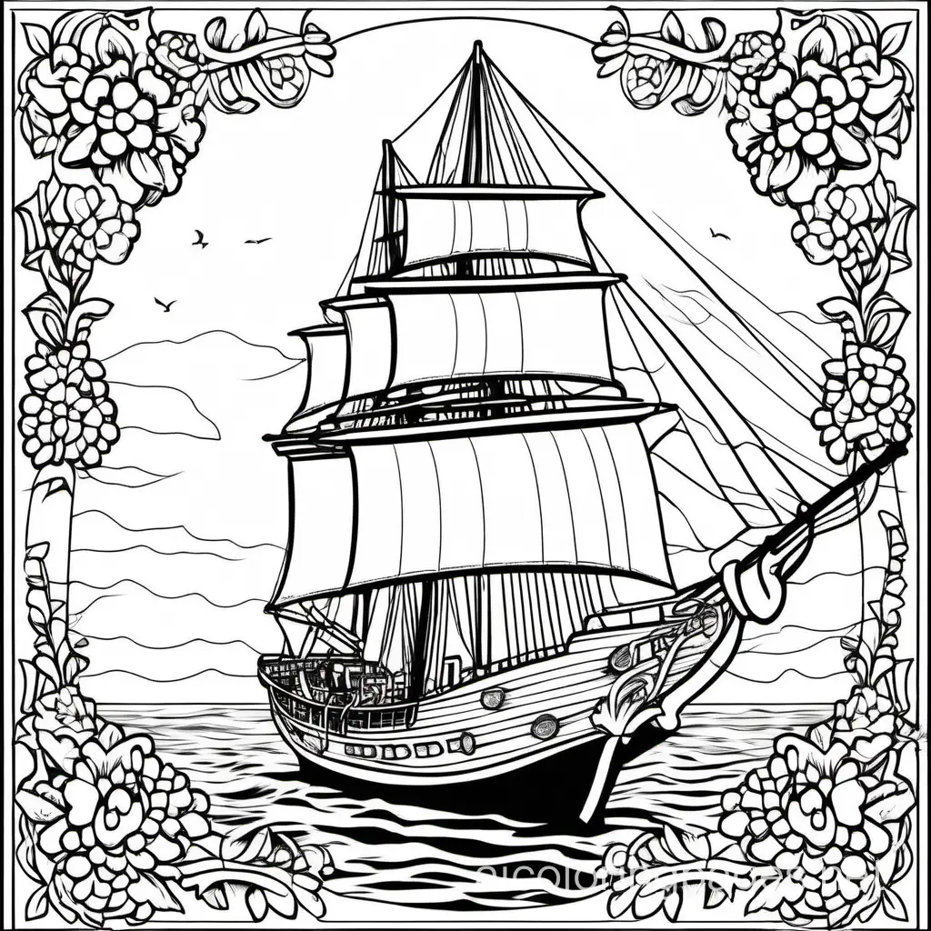 Wedding on a schooner festooned with flowers at sunset, Coloring Page, black and white, line art, white background, Simplicity, Ample White Space. The background of the coloring page is plain white to make it easy for young children to color within the lines. The outlines of all the subjects are easy to distinguish, making it simple for kids to color without too much difficulty