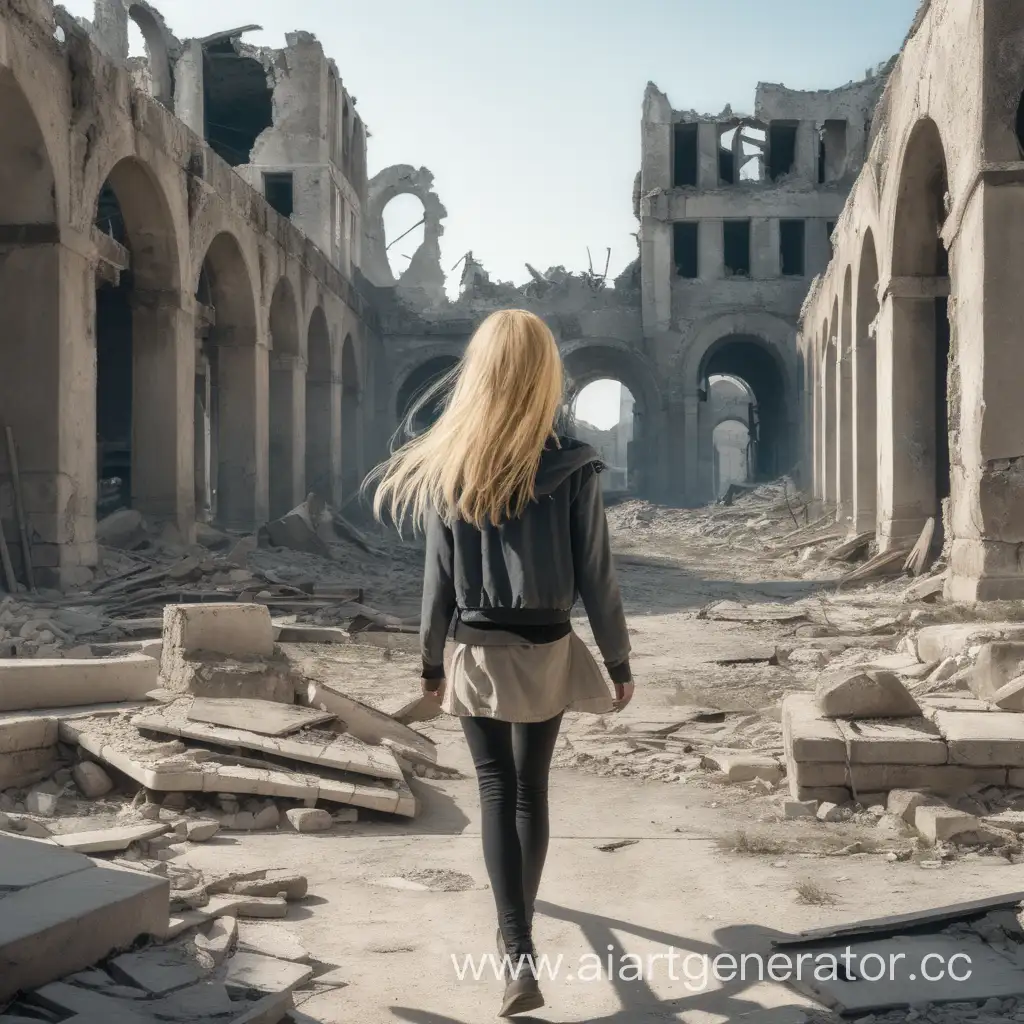 A girl with blonde hair is walking in a ruined city