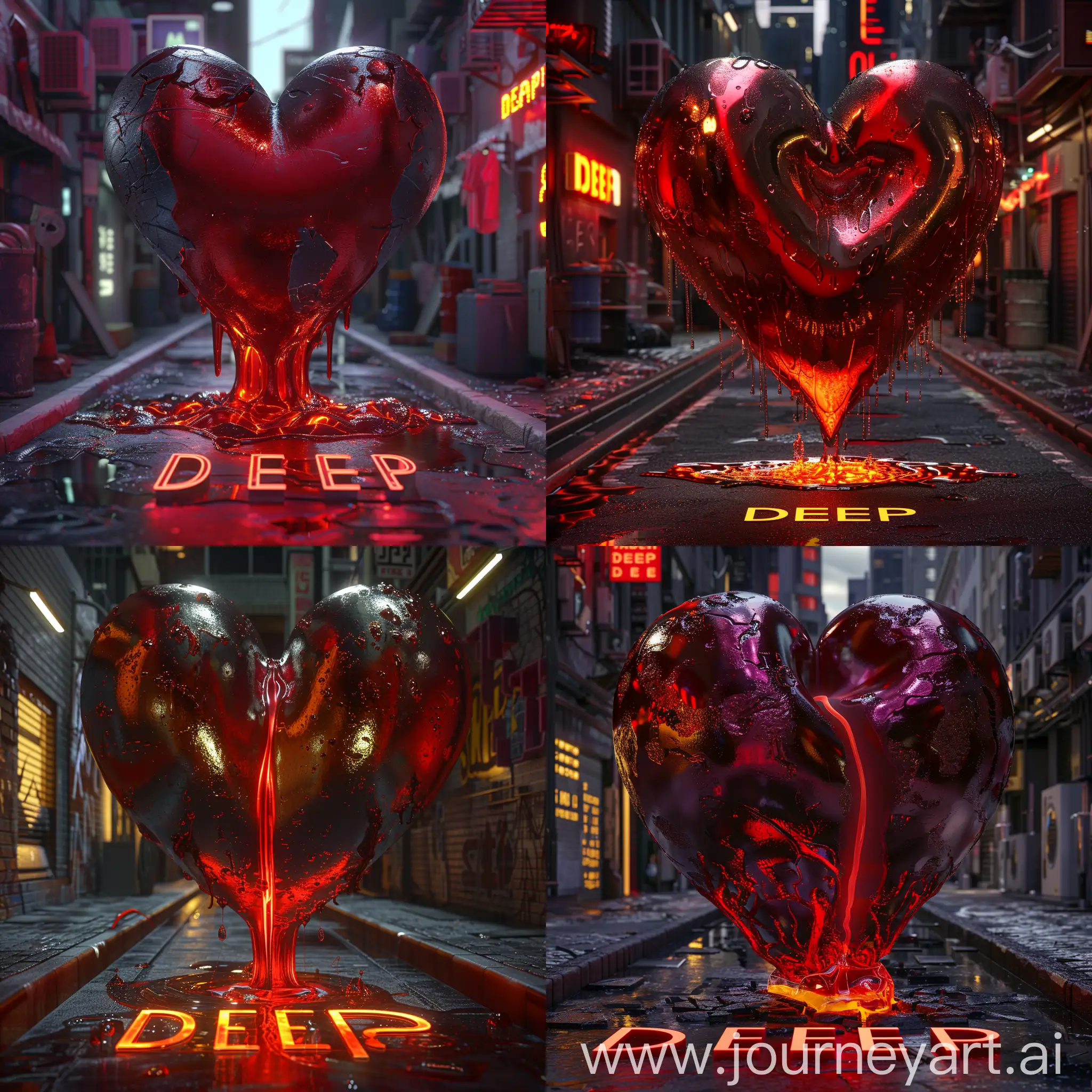 A big beautiful red metallic solid hard heart symbol with lava flowing out of it into a dark cyberpunk street.  All caps text ’DEEP’ is just bellow the heart. 3d render