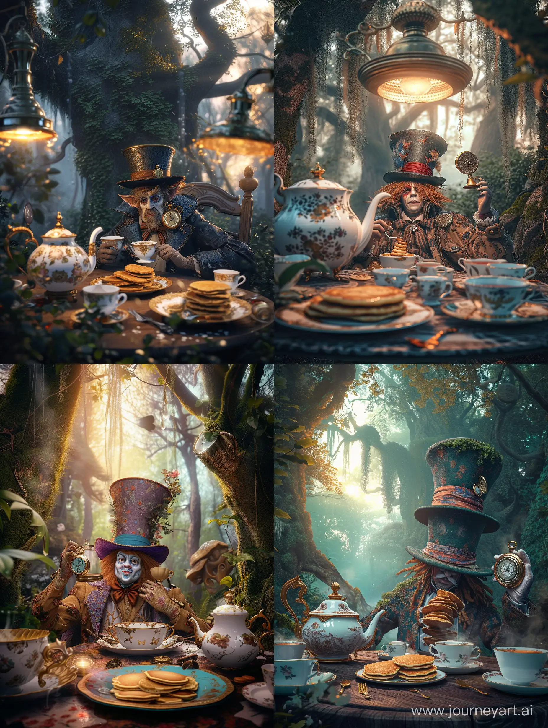 Jolly Hatterman with pocket watch, in tails, drinking tea and pancakes at a table in a magical forest, large teapot and china cups, realistic, 4k, high detail, soft lighting, high resolution, bright lighting