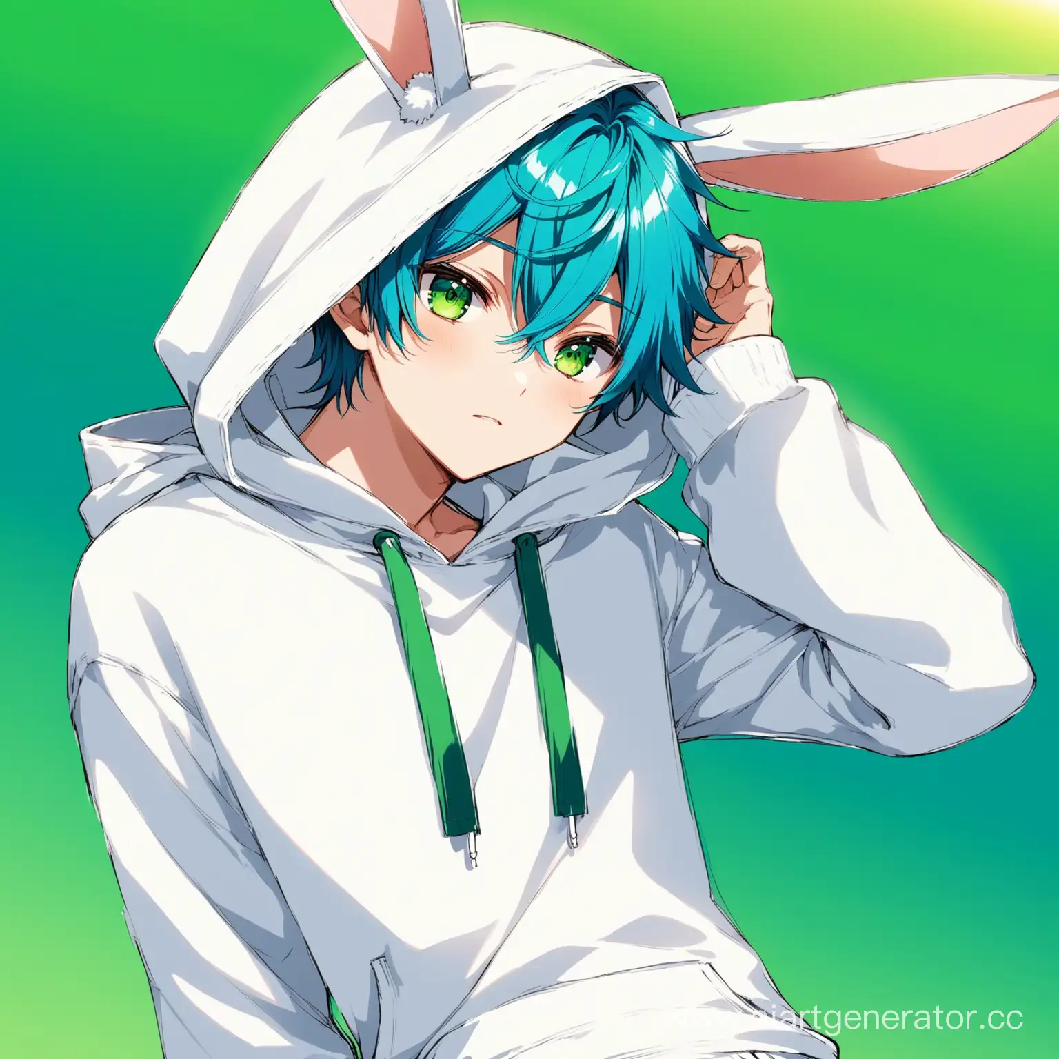 Аниме пацан с голубыми волосами и зелёными глазами в белой толстовке и белых штанах с капюшоном зайца