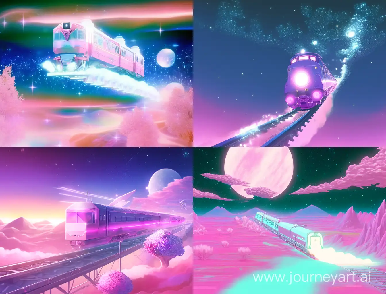 A train flying In the air on Mars, cute, cute, soft, dreamy, comfortable for the eye, blue and pink, simple, beautiful, glowing white energies are scattered from the train as it flies at high speed