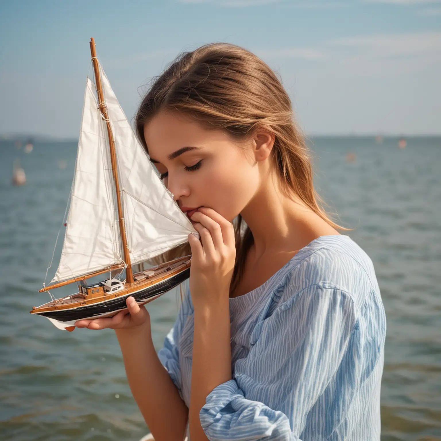 Beautiful girl kissing sailboat model in her hands