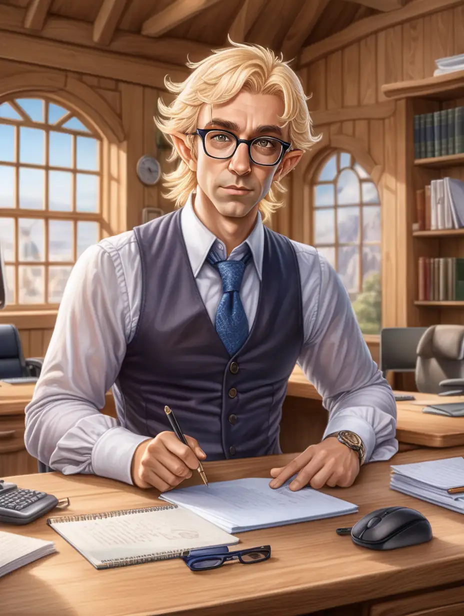 Half-elf male with glasses. Looks 40 years old. Looks like an architect. Formal stylish clothes. Hawklike nose. Short blonde practical hair
In open office behind oak desk in wooden setting.