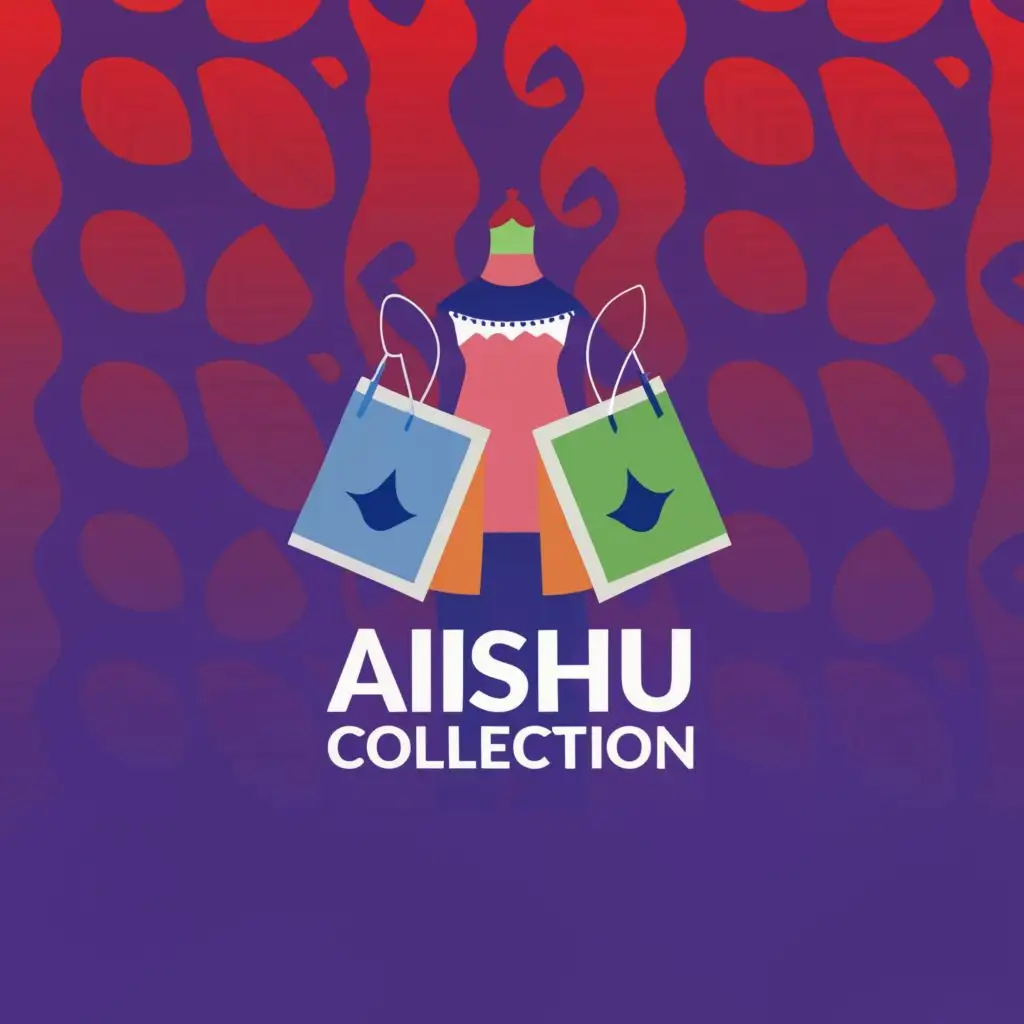 a logo design,with the text "AISHU COLLECTION.  AC", main symbol:Designer bags, shoes and Muslim garments (male and female) neatly packed. Bright,colourful flowers in the background.  Use Red, Royal blue and white colours. Vivid, realistic images,Moderate,be used in Entertainment industry,clear background