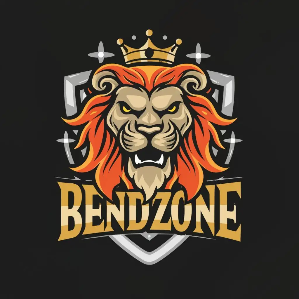 logo, scary lion wearing crown, with the text "bendzone", typography make the background black