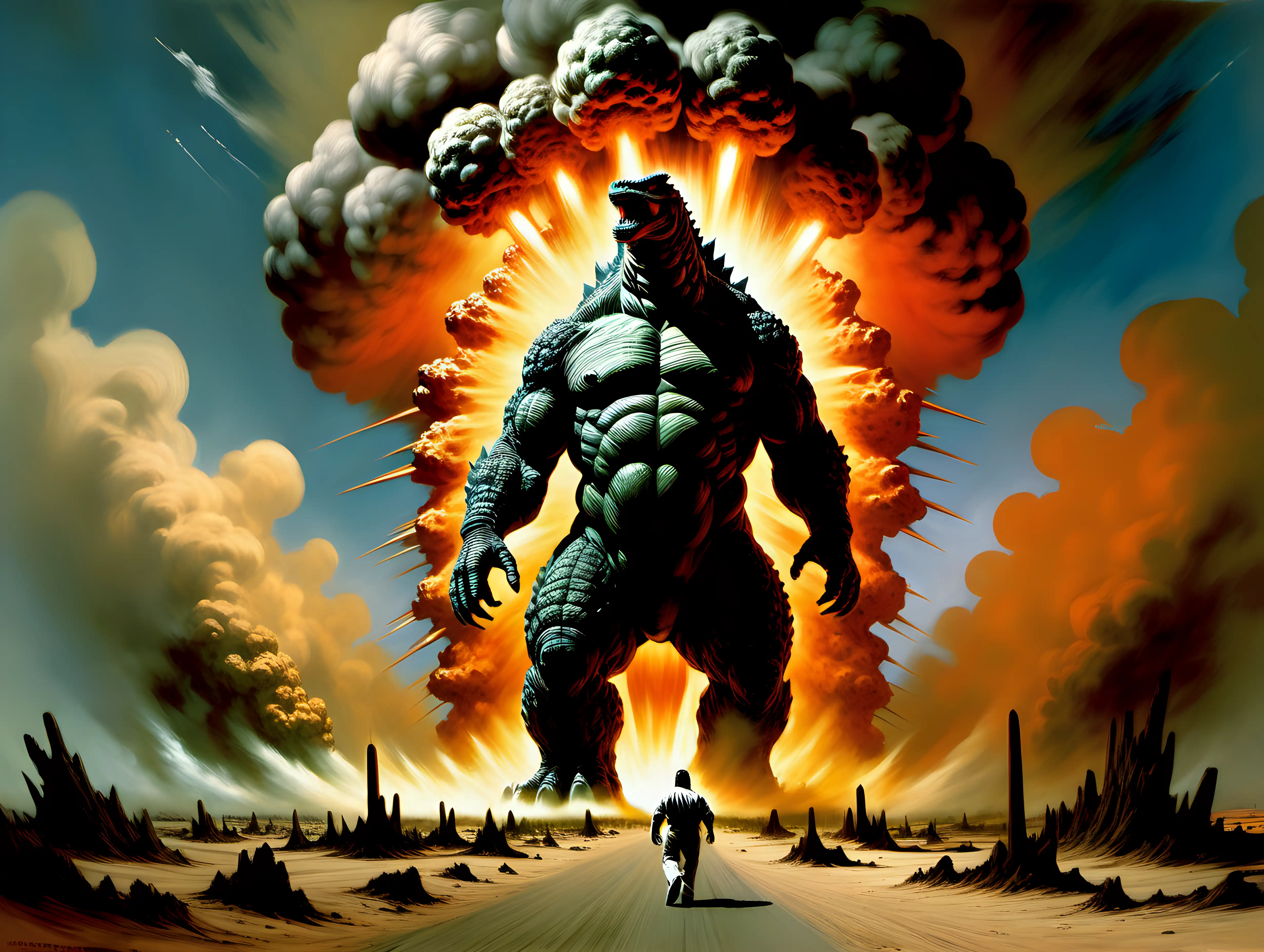 Godzilla walking through a nuclear explosion in the desert Frank Frazetta style