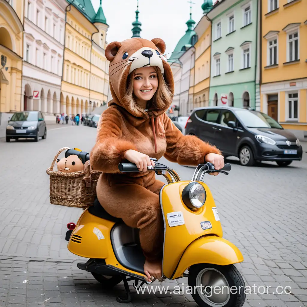 Eva-Elfie-Cosplaying-as-a-Beaver-Riding-a-Moped-Through-Scenic-Poland