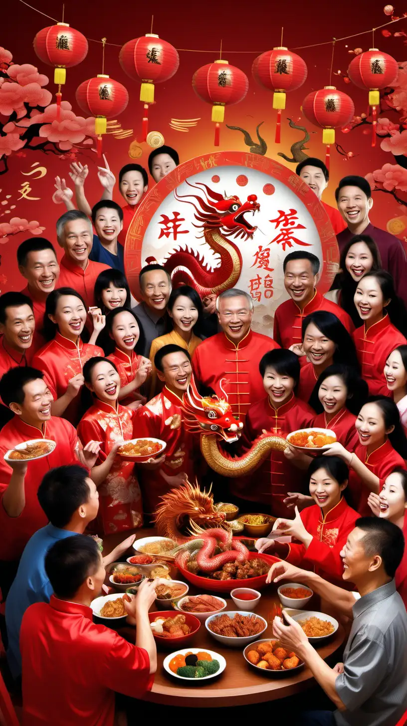  Create an image of a lively Chinese New Year celebration scene with vibrant colors and cultural elements. Include a family reunion dinner, people exchanging red envelopes, a dragon dance, fireworks lighting up the night sky, and the Chinese zodiac animals surrounding a central depiction of the year's zodiac sign. Capture the essence of joy, tradition, and cultural richness in a single image. make the image hyper realistic