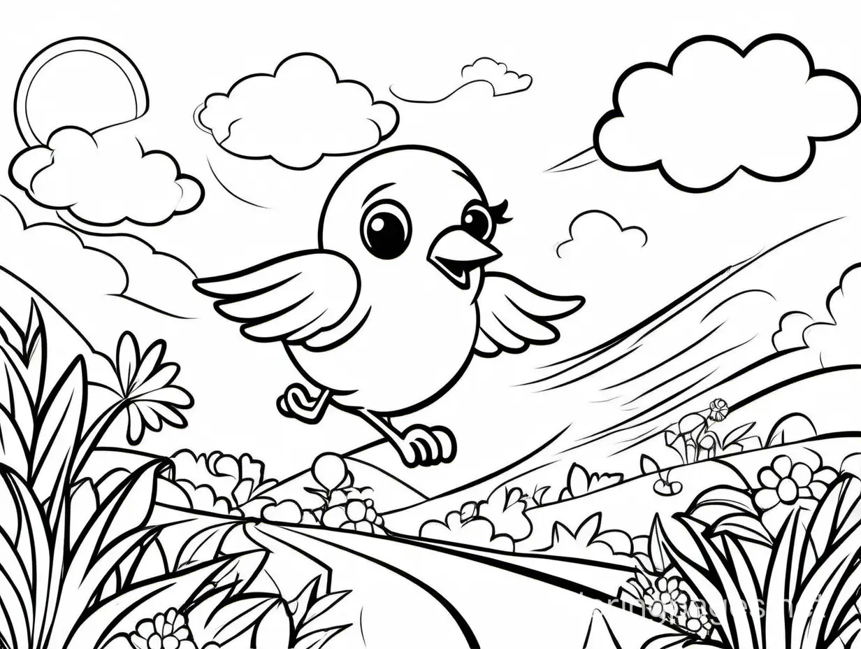 summer activity with funny mood in baby cute bird running in sky the road side some floral and good summer sun and more cloud vibe coloring page black and white, Coloring Page, black and white, line art, white background, Simplicity, Ample White Space. The background of the coloring page is plain white to make it easy for young children to color within the lines. The outlines of all the subjects are easy to distinguish, making it simple for kids to color without too much difficulty