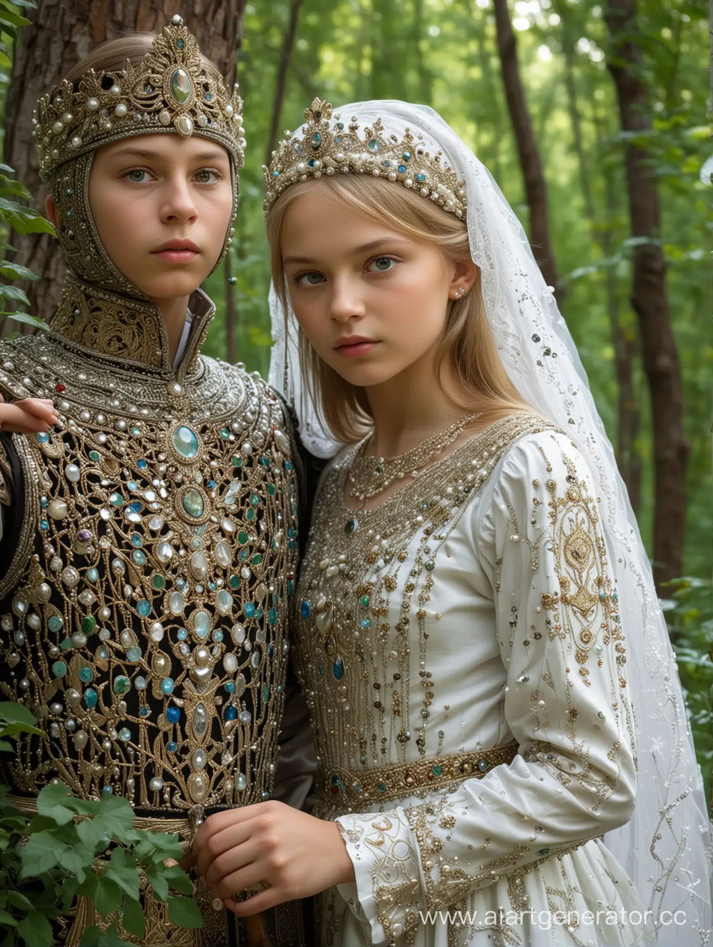 Russian-Girl-in-Kokoshnik-and-Knight-in-Armor-Amidst-Enchanted-Grove