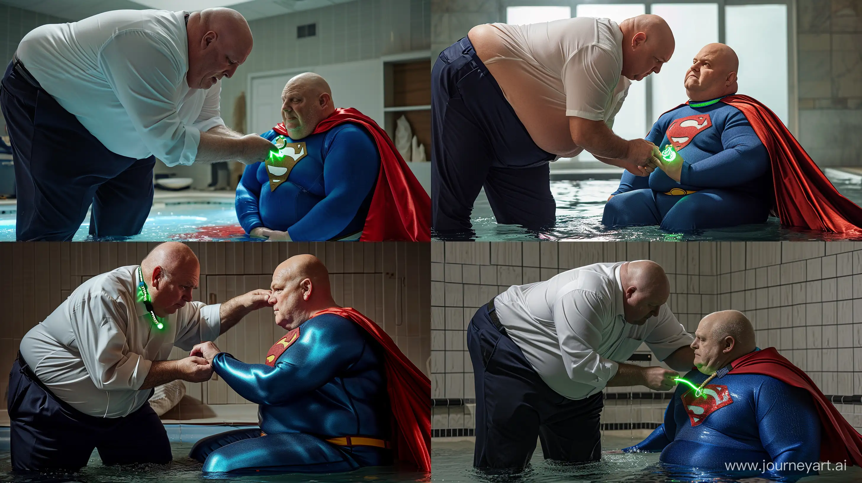 A closeup photo of a chubby man aged 60 wearing a silky navy business pants and a white shirt, bending over and tightening a green glowing small short dog collar on the neck of another chubby man aged 60 sitting in the water and wearing a blue silky superman costume with a large red cape. Inside. Natural Light. Bald. Clean Shaven. --style raw --ar 16:9 --v 6