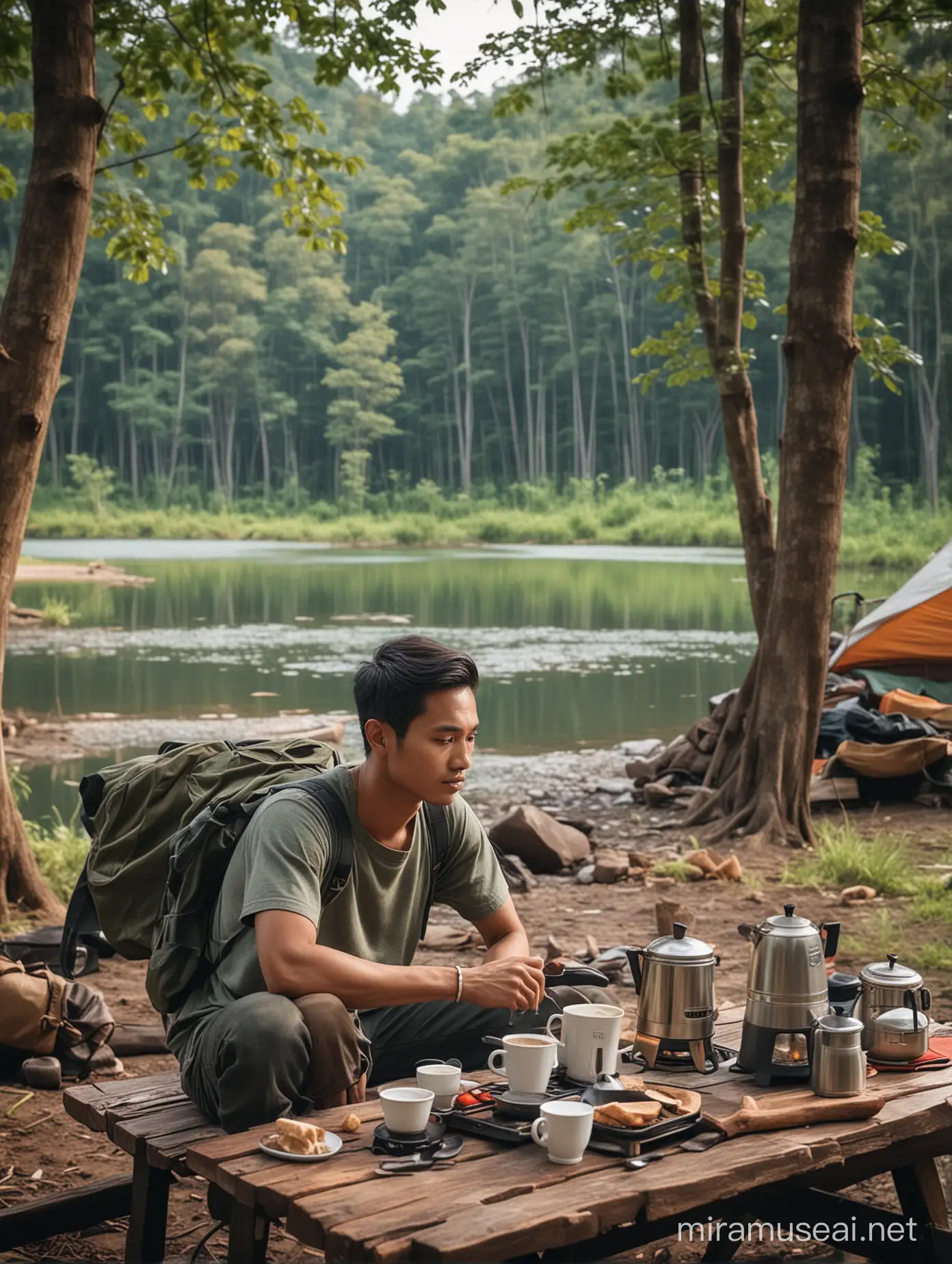 Seorang pemuda tampan dari indonesia,berambut pendek rapi belah samping,full body,sedang camping sambil duduk santai minum kopi,di depan ada meja dan kompor,dengan latar belakang danau dan di kelilingi hutan