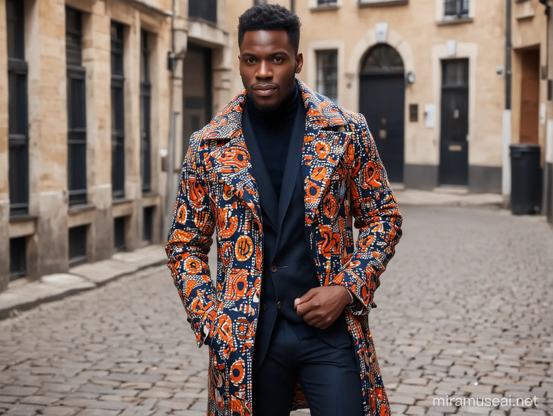 A handsome black Man wearing an African printed pea coat, The colours should be navy blue with african print detailing on the colours only. The rest of it should be navy blue.
