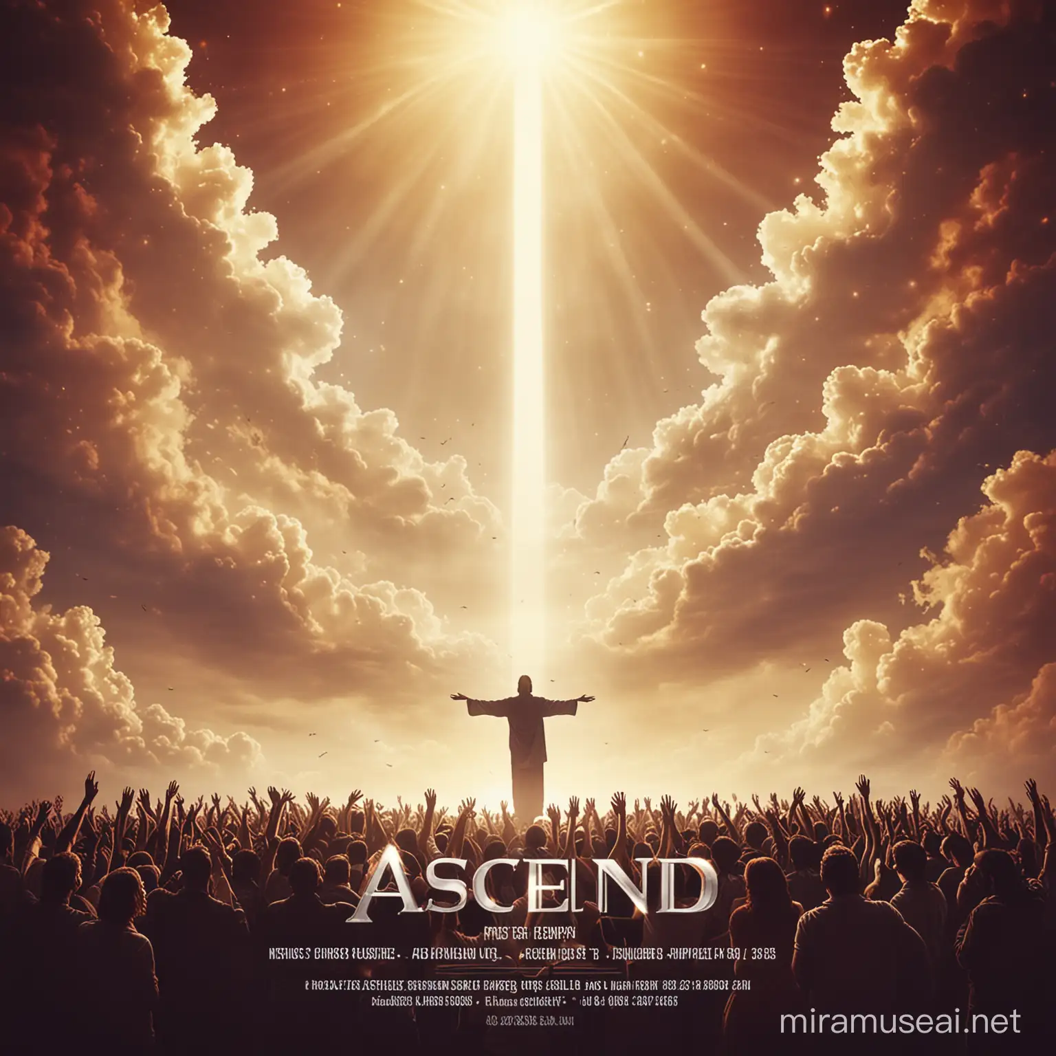 A flyer background for a Christian concert that is themed "Ascend". The background should be manipulated in such a way that it should give a feel of ascension to heaven And also people worshipping .