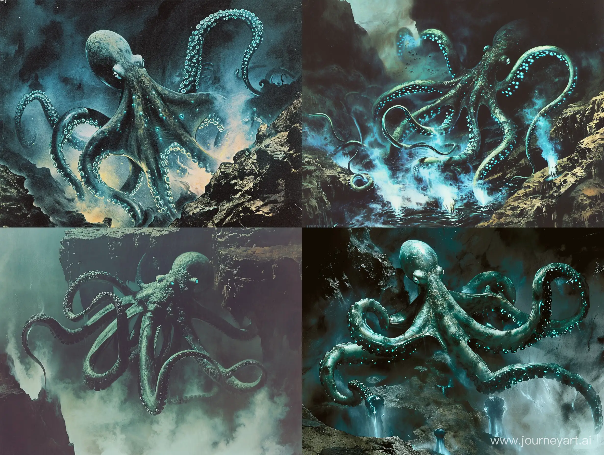 Bioluminescent-Alien-Cephalopod-Swimming-in-Dark-Alien-Ocean