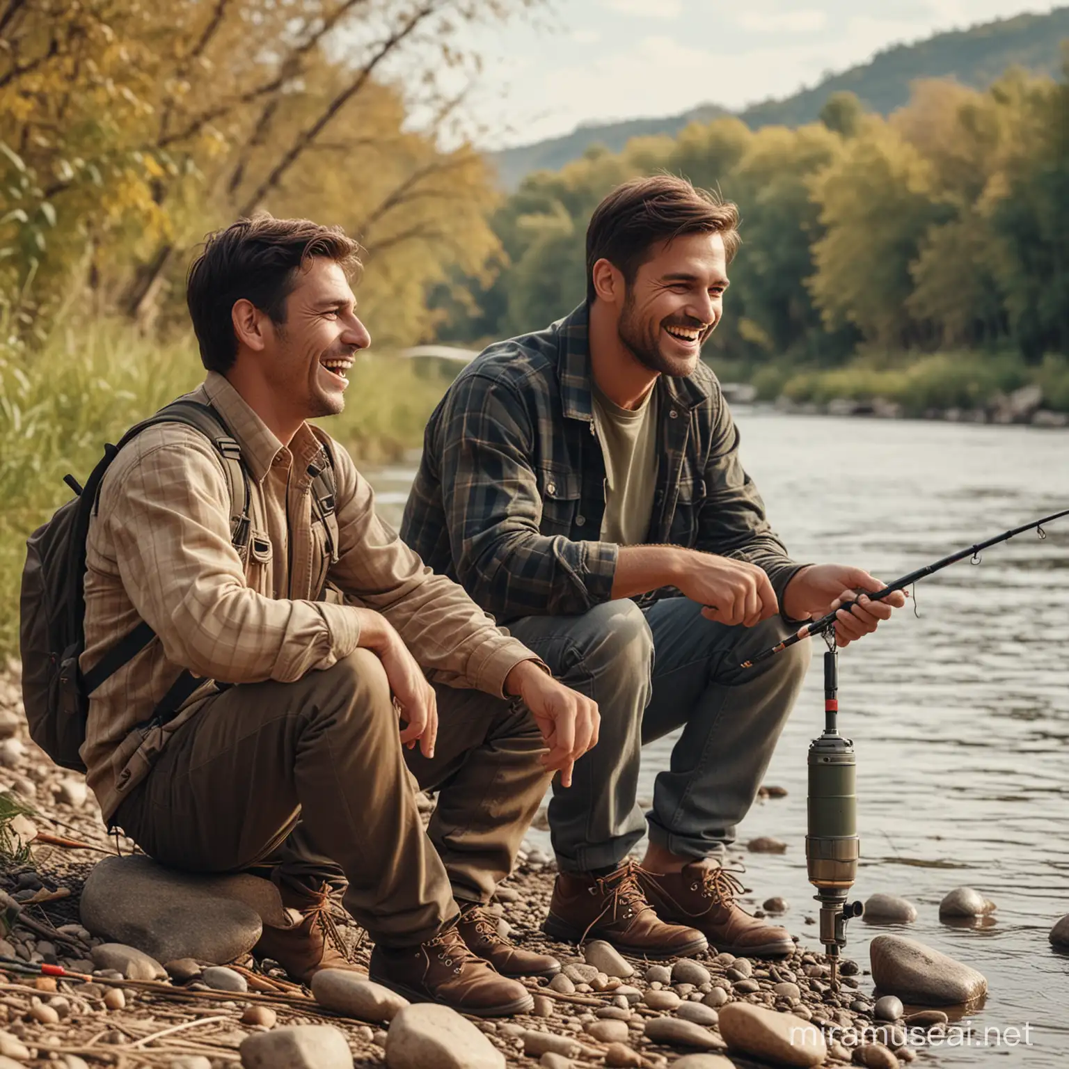 Father and son are laughing together, very handsome, fishing together on river bank, best quality imagine, best quality photo, 8k, high definition photo, detailed faces.