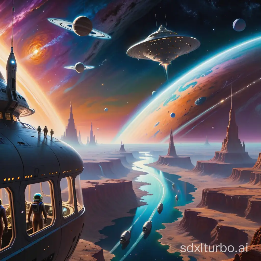 Amidst a cosmic upheaval, people journeyed into outer space aboard spacecraft to explore. One ship hovered in the foreground, observing numerous incredible scenes, including various grand cities where extraterrestrial beings could be seen working. The overall tableau was painted in a mysterious, impressionistic style.
