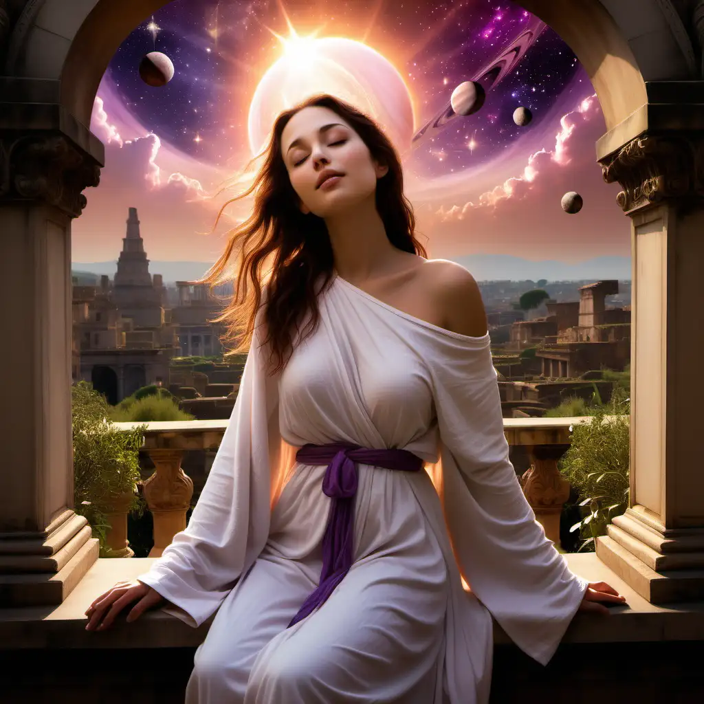 a starseed ancient astrologer woman, in her 20s, star bathing, whole body, wears ancient white robes, off one shoulder, ancient Rome, olive skin, pretty, roman nose, medium length brown hair, confident, wise, fantasy garden, looking at the sky, eyes closed, quiet, smile, contemplation, planets above her head, the sun is blazing down bright, archway, temple, sunset, pink peach purple sky, planets are bursting out of her head