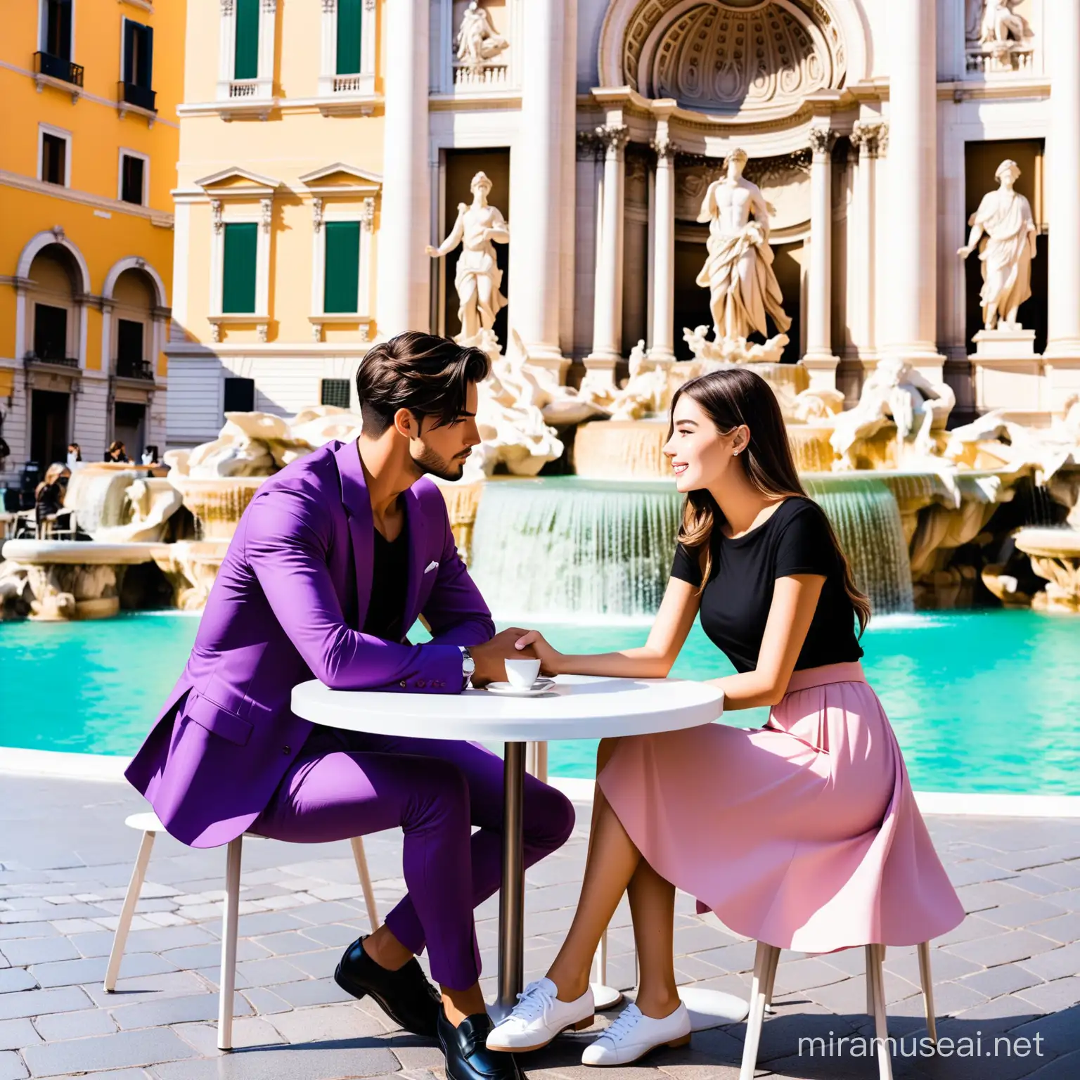 The background is the Trevi Fountain in Italy.

A handsome man and a beautiful woman sit at the cafe table and have a conversation.

Handsome and beautiful women are in their early 20s.

The handsome man wore a purple suit set and black shoes.

Beauty wore a black t-shirt and a light pink skirt and white shoes.

It's a romantic atmosphere.