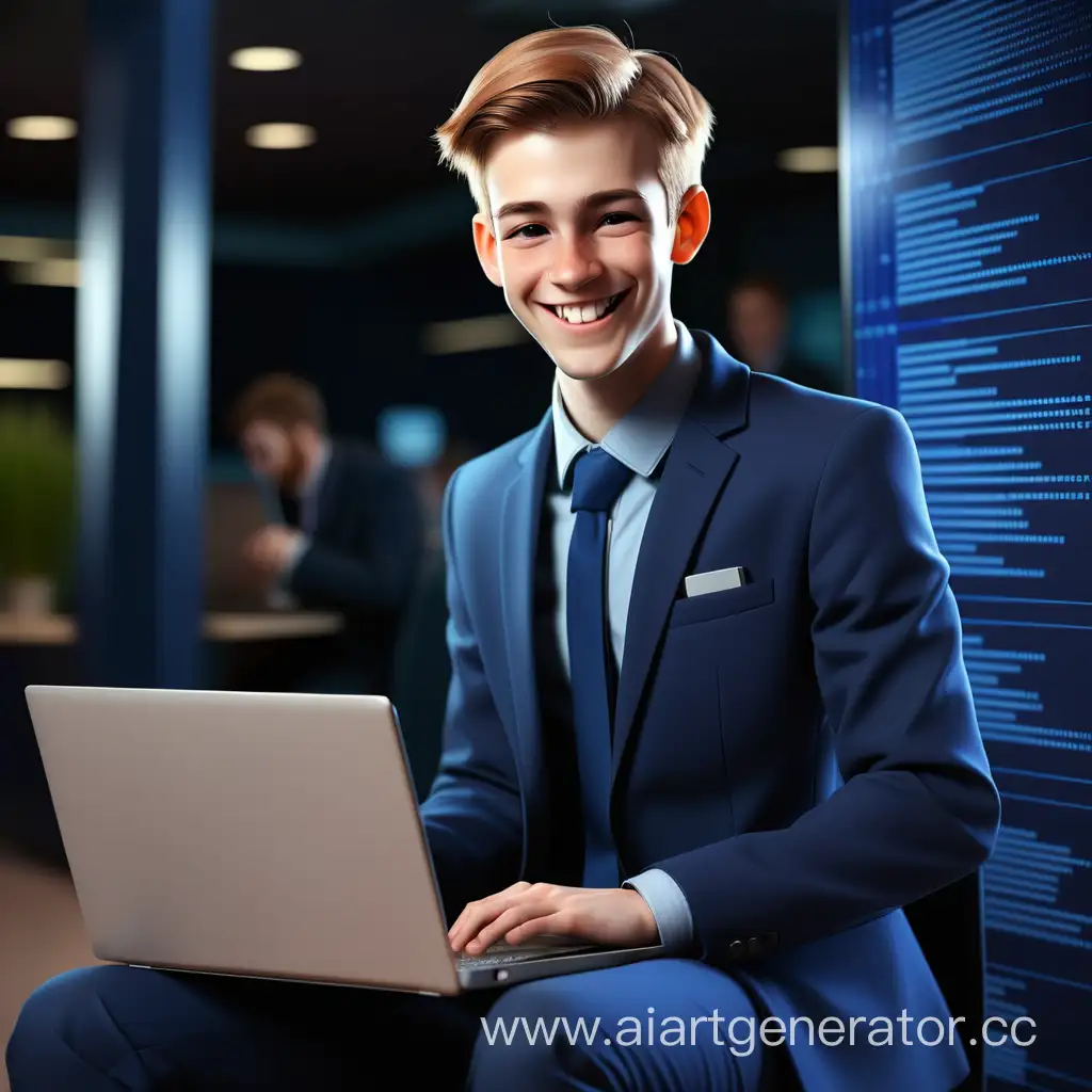 Молодой мужчина с ноутбуком улыбается. В темно синем костюме. Информационные технологии.  Кодирование на заднем фоне. IBS