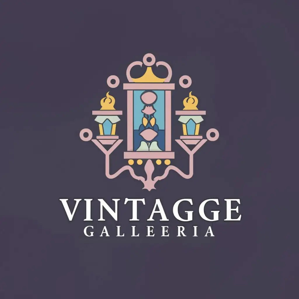a logo design,with the text "Vintage Galleria", main symbol:light colors like light purple,light blue ,light pink lamps and mirrors,Moderate,clear background