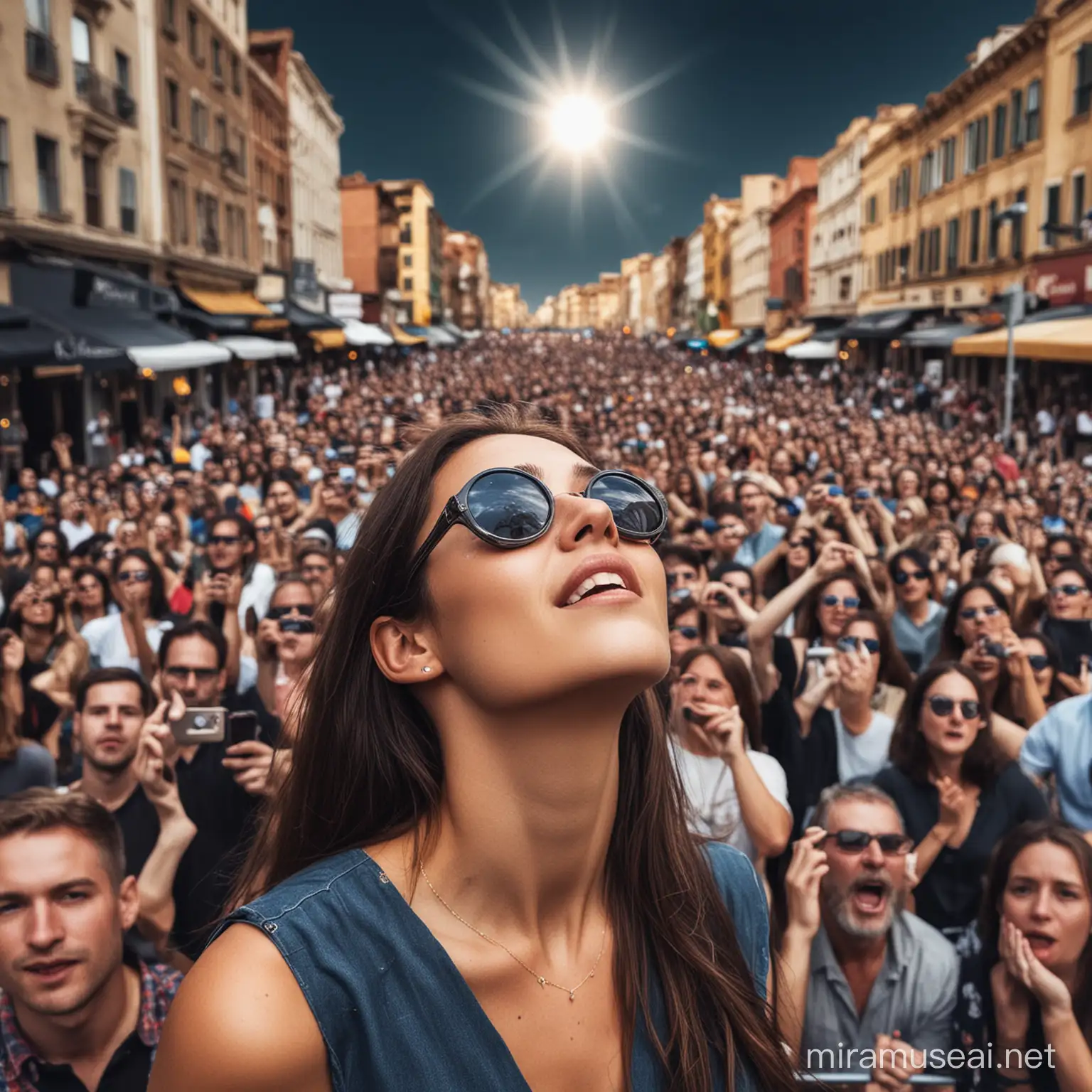 photo of a woman in a city watching with the crowd a total solar eclipse