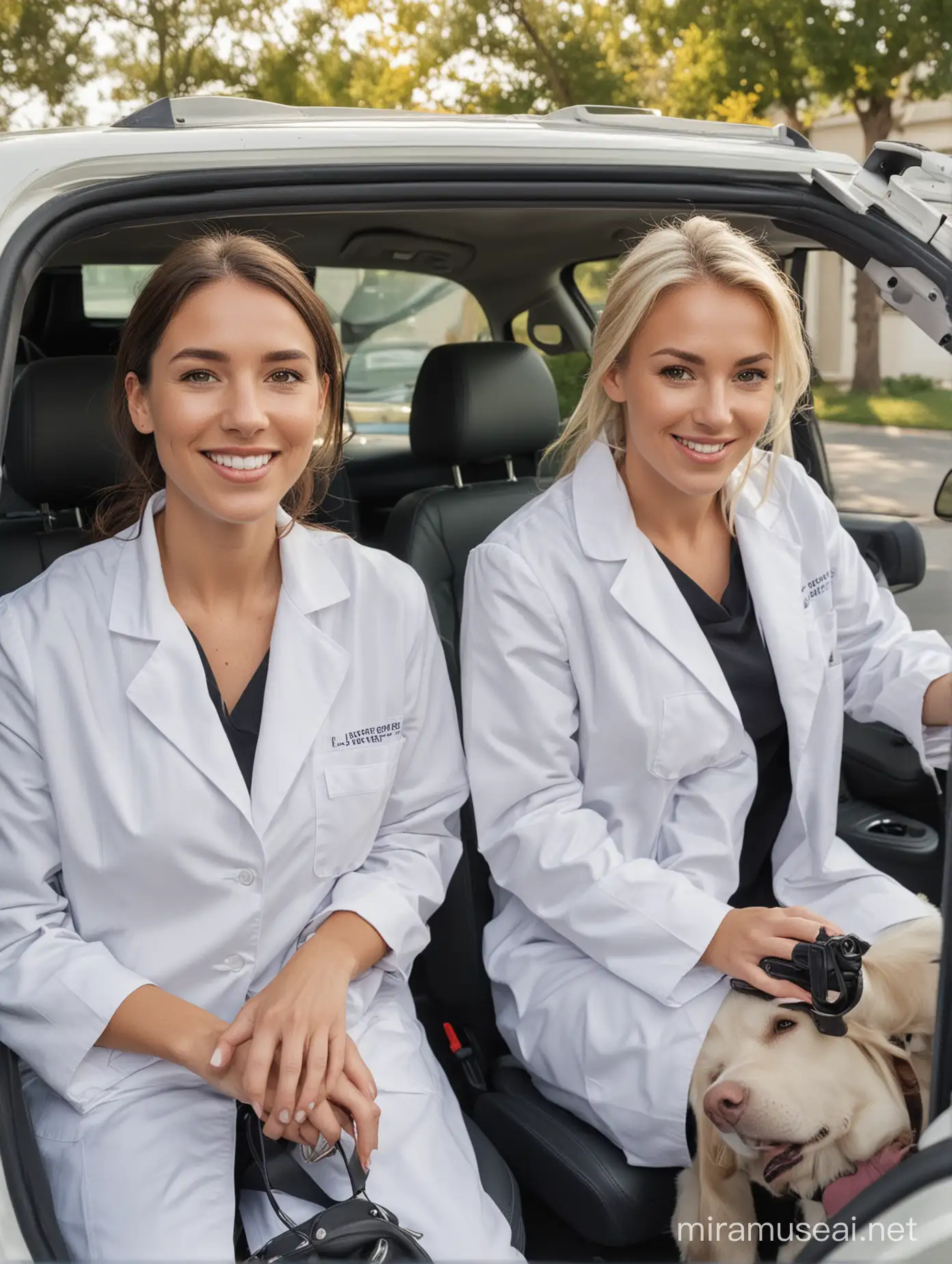 Two caucasian women wearing white lab coats in fron seat of carin front seat of car
