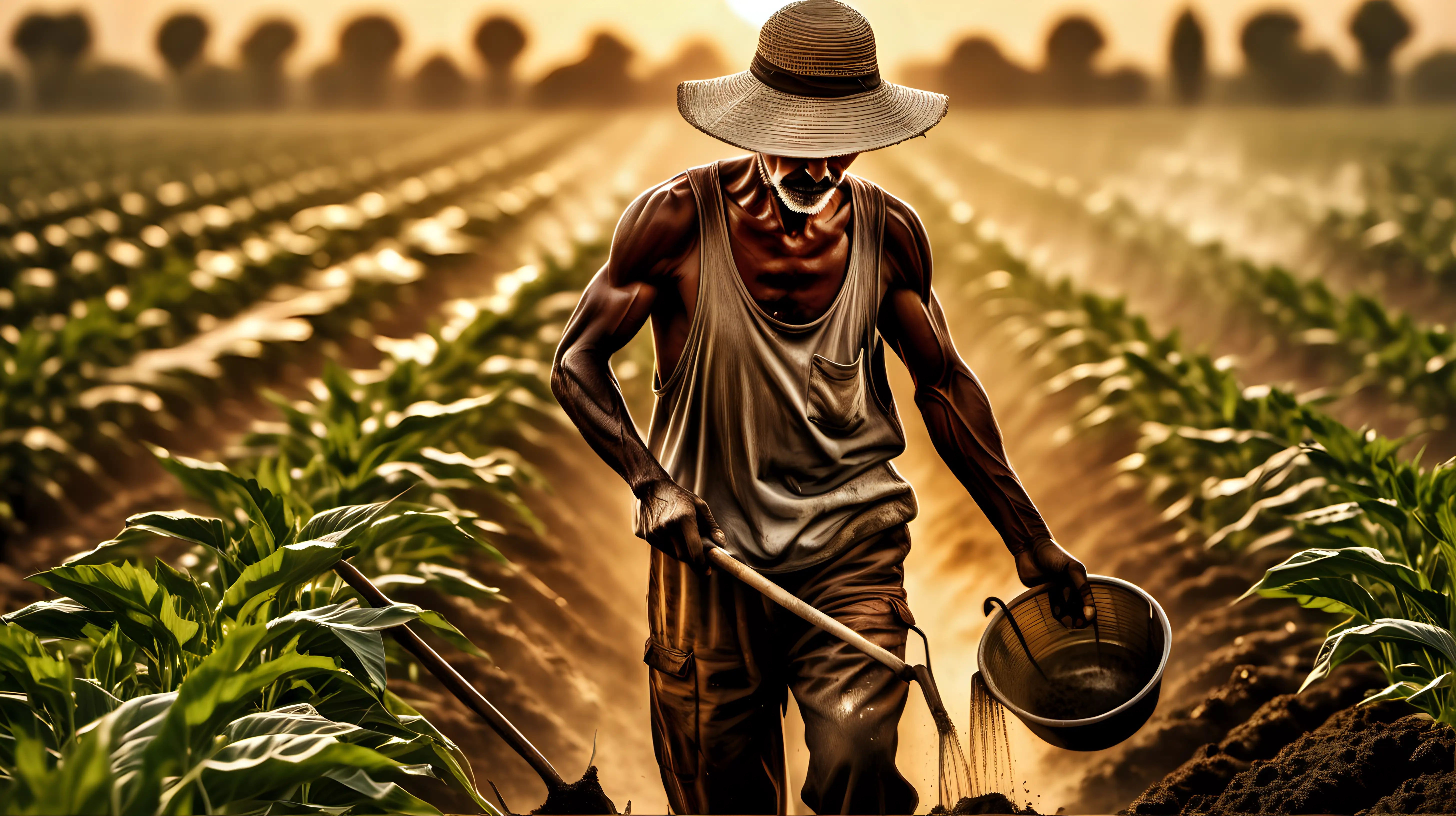 Depict a farmer working in the fields under the scorching sun, sweat-soaked and surrounded by crops, conveying the physical labor and resilience required in agriculture.