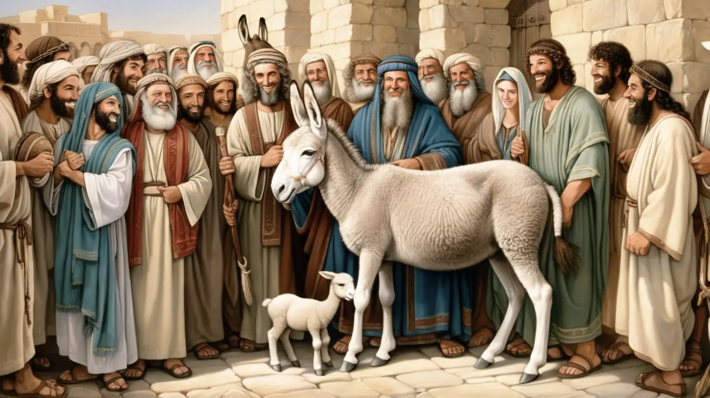 epoque biblique, au centre un petit âne agé de quelques jours, à côté de lui un agneau, entourés de plusieurs hébreux hommes et femmes debouts très souriants